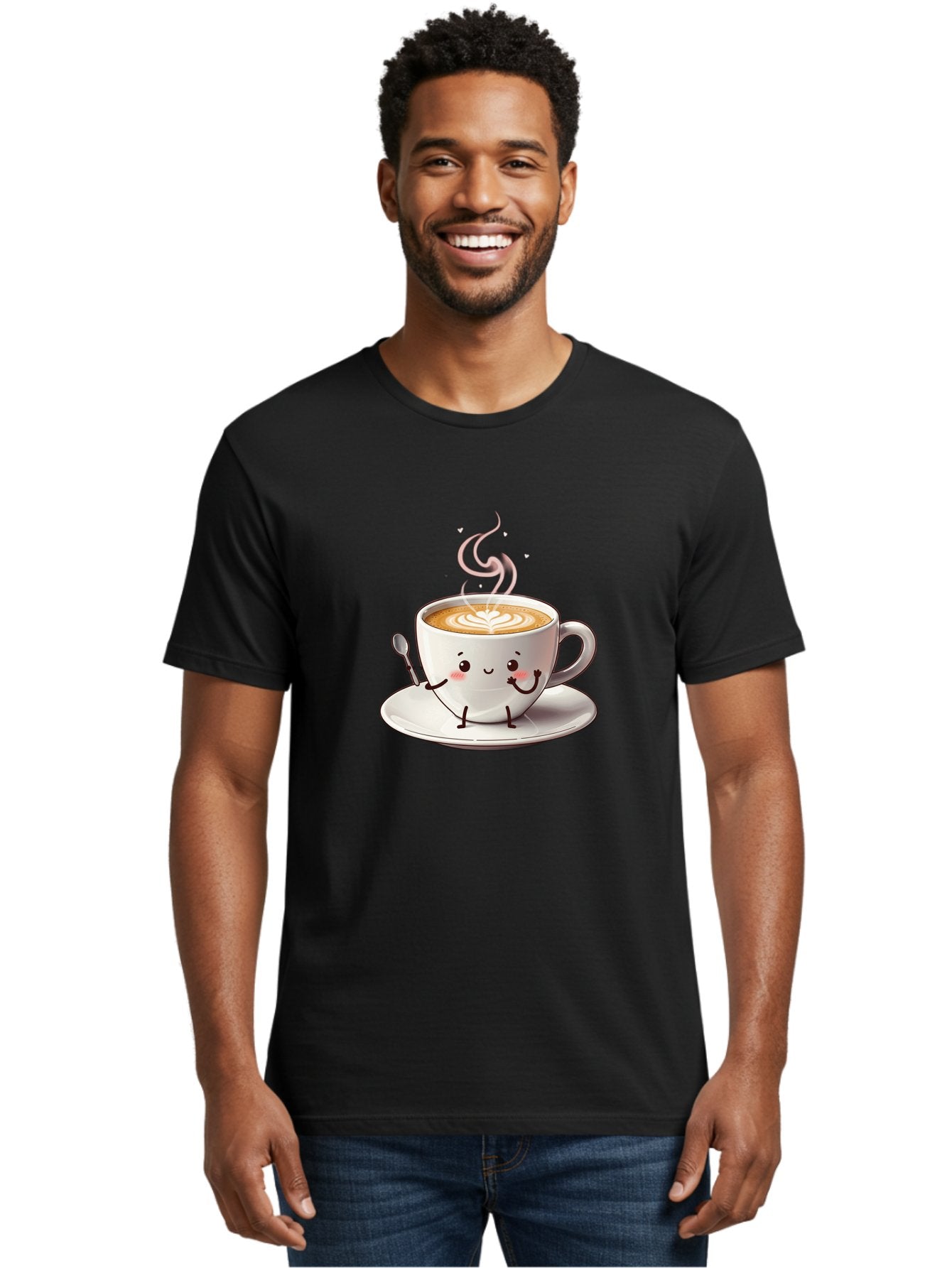 Coffee-Cup-Character-1 Men'S Graphic Tee, 100% Cotton, Comfortable Casual Summer Wear, Machine Washable, Cartoon Coffee Cup, Happy Face, Steaming Hot Coffee, Coffee Art, Cute Character, Kawaii Design, Latte Art, Coffee Culture, Bab794 23