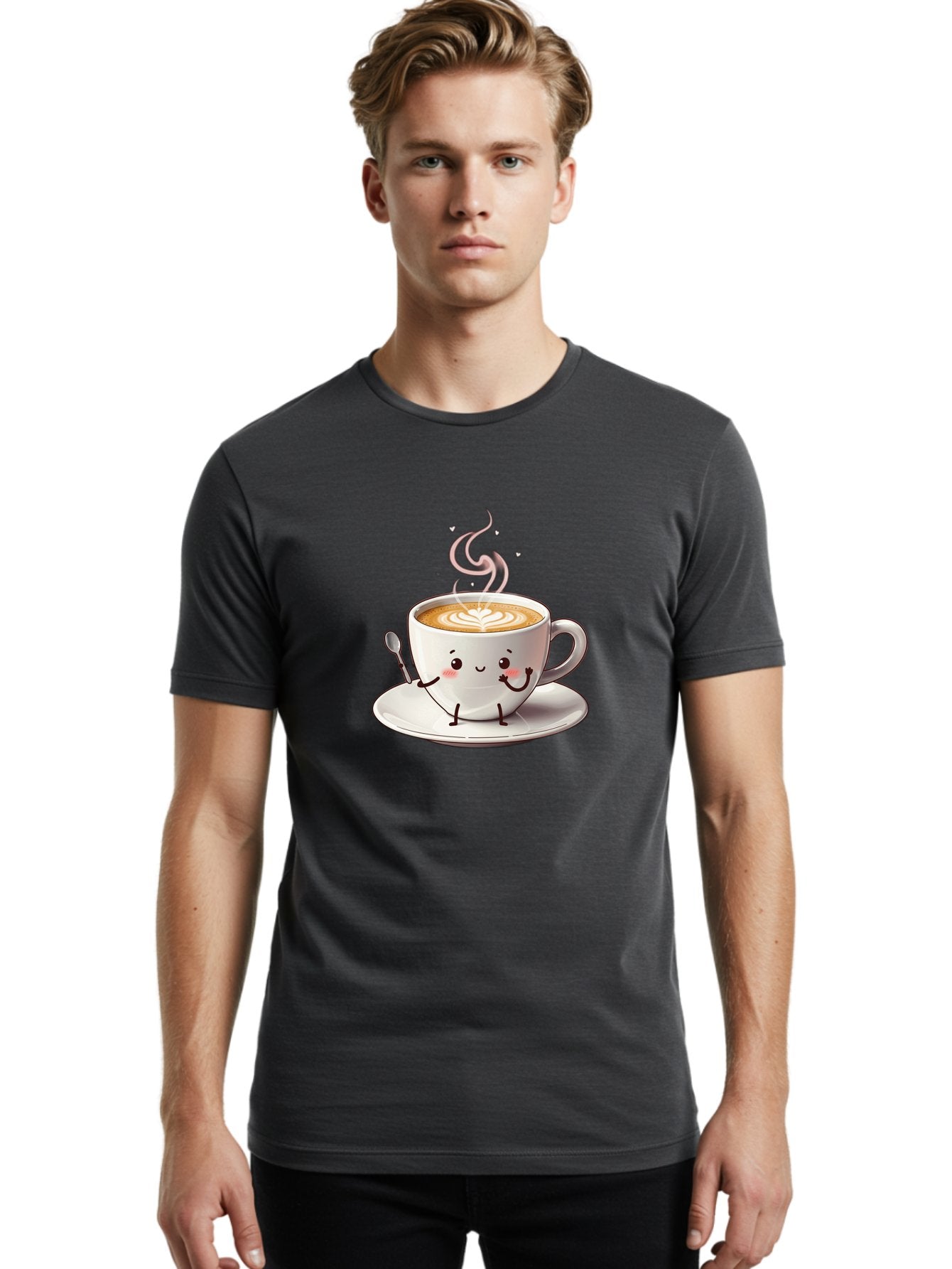 Coffee-Cup-Character-1 Men'S Graphic Tee, 100% Cotton, Comfortable Casual Summer Wear, Machine Washable, Cartoon Coffee Cup, Happy Face, Steaming Hot Coffee, Coffee Art, Cute Character, Kawaii Design, Latte Art, Coffee Culture, Bab794 29