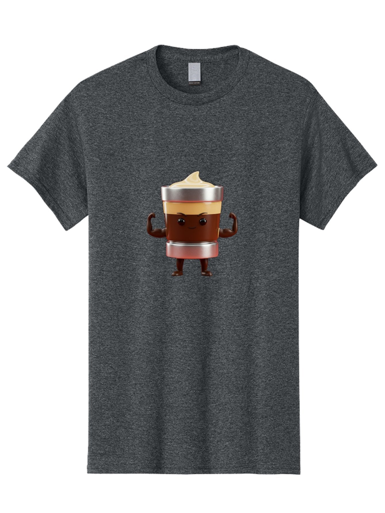 Coffee-Cup-Character Men'S Graphic Tee, 100% Cotton, Comfortable Casual Summer Wear, Machine Washable, Coffee Cup Character, Flexing Muscles, Strong Coffee, Cartoon Style, Playful Design, 3D Illustration, Coffee Lover, Morning Motivation Bab795