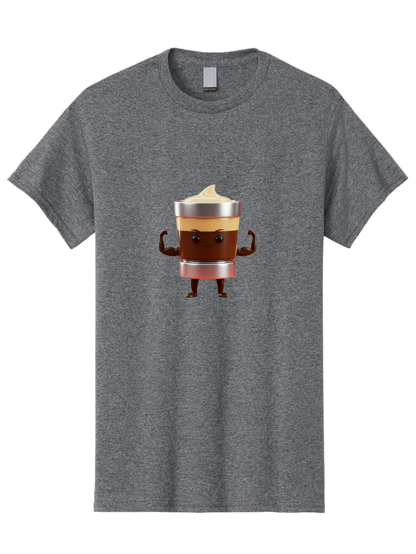 Coffee-Cup-Character Men'S Graphic Tee, 100% Cotton, Comfortable Casual Summer Wear, Machine Washable, Coffee Cup Character, Flexing Muscles, Strong Coffee, Cartoon Style, Playful Design, 3D Illustration, Coffee Lover, Morning Motivation Bab795