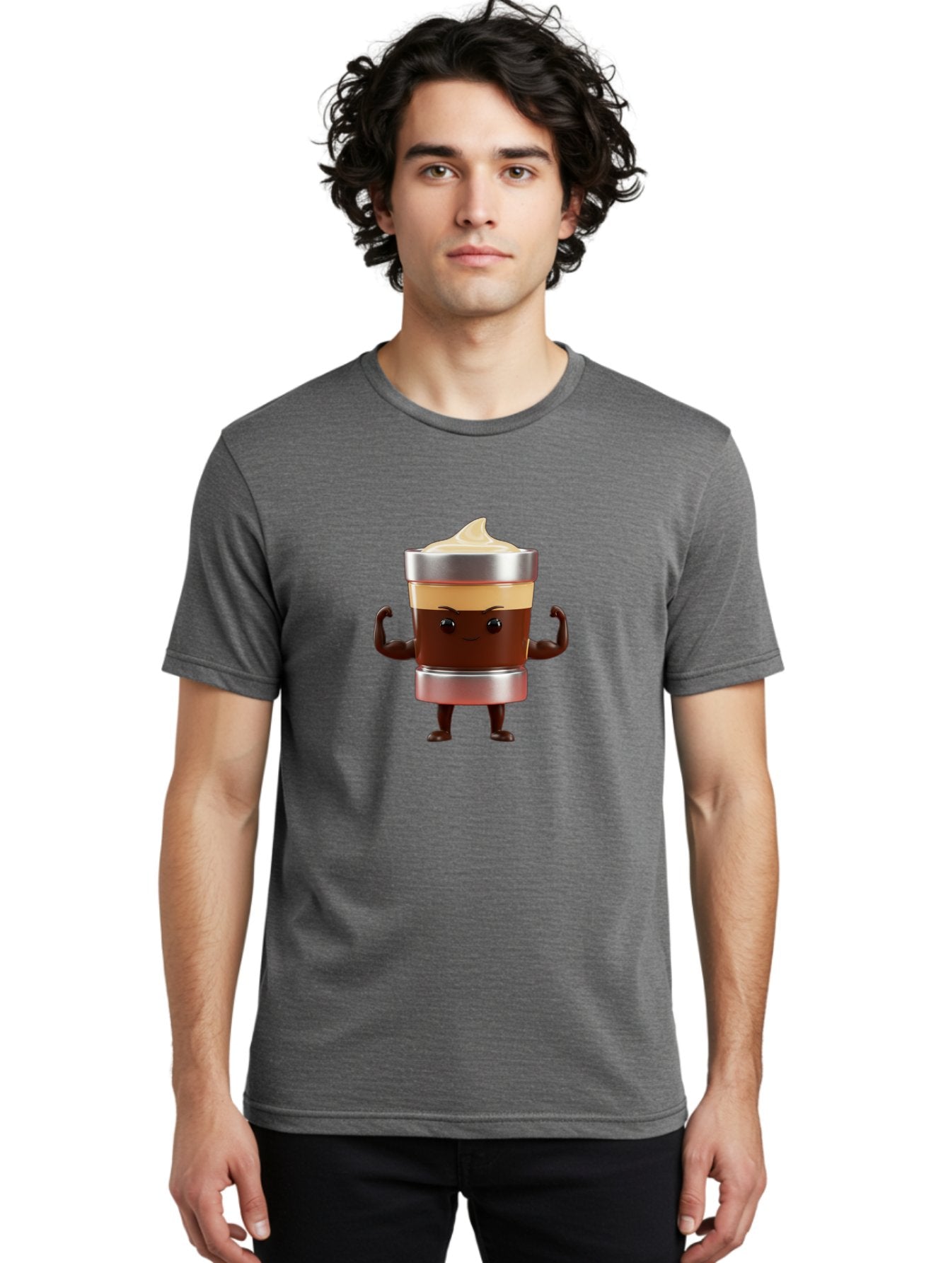 Coffee-Cup-Character Men'S Graphic Tee, 100% Cotton, Comfortable Casual Summer Wear, Machine Washable, Coffee Cup Character, Flexing Muscles, Strong Coffee, Cartoon Style, Playful Design, 3D Illustration, Coffee Lover, Morning Motivation Bab795 30