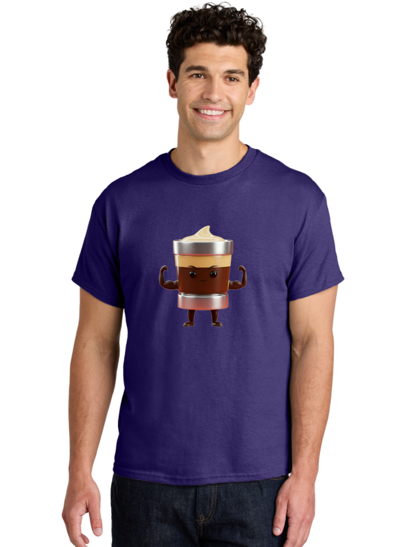 Coffee-Cup-Character Men'S Graphic Tee, 100% Cotton, Comfortable Casual Summer Wear, Machine Washable, Coffee Cup Character, Flexing Muscles, Strong Coffee, Cartoon Style, Playful Design, 3D Illustration, Coffee Lover, Morning Motivation Bab795 28
