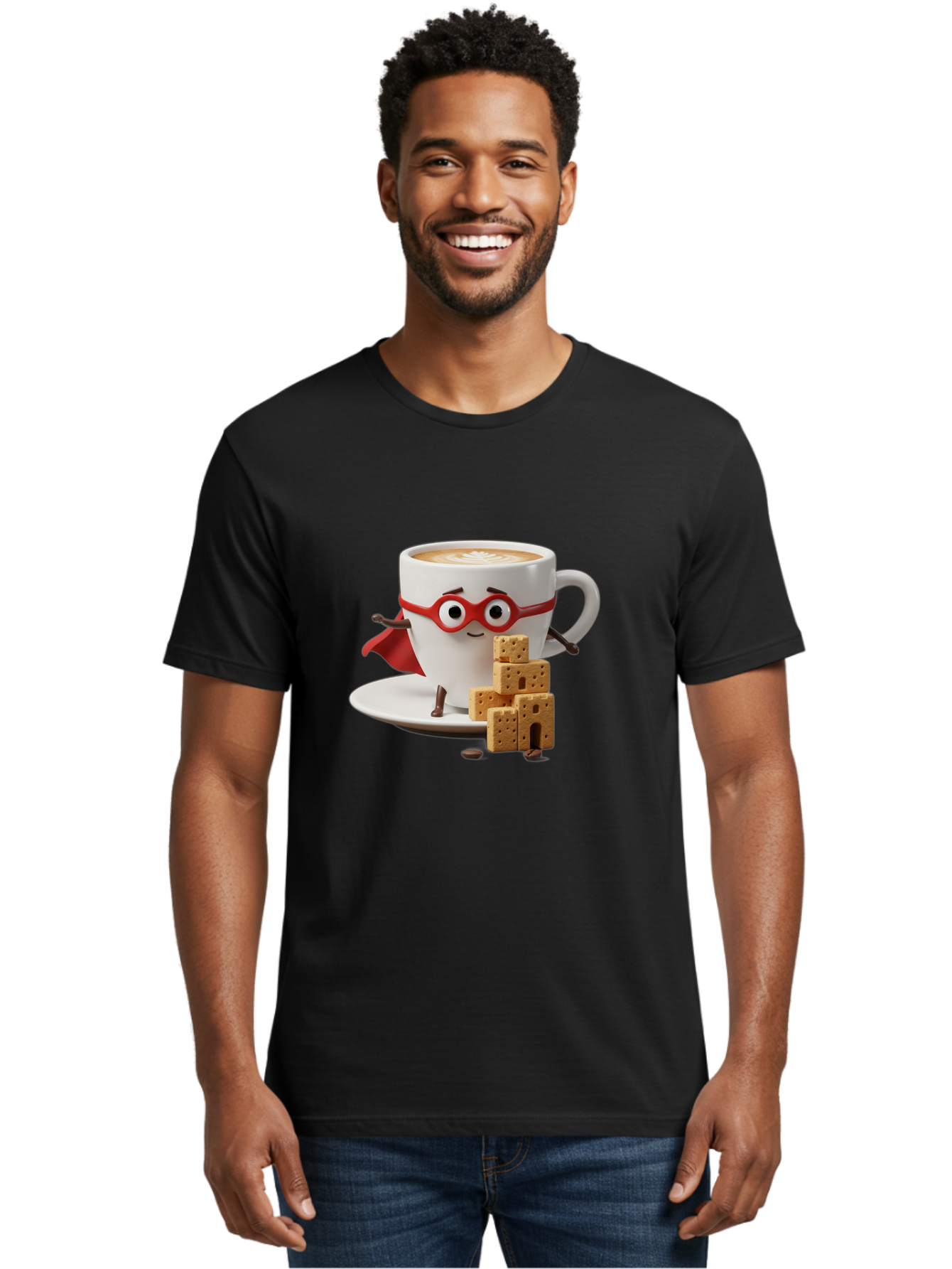 Coffee-Cup-Hero Men'S Graphic Tee, 100% Cotton, Comfortable Casual Summer Wear, Machine Washable, Coffee Cup With Face, Superhero Costume, Red Glasses, Cape, Biscuits, Chocolate Chips, Coffee Lover, Morning Routine, Funny Cartoon Bab797 24