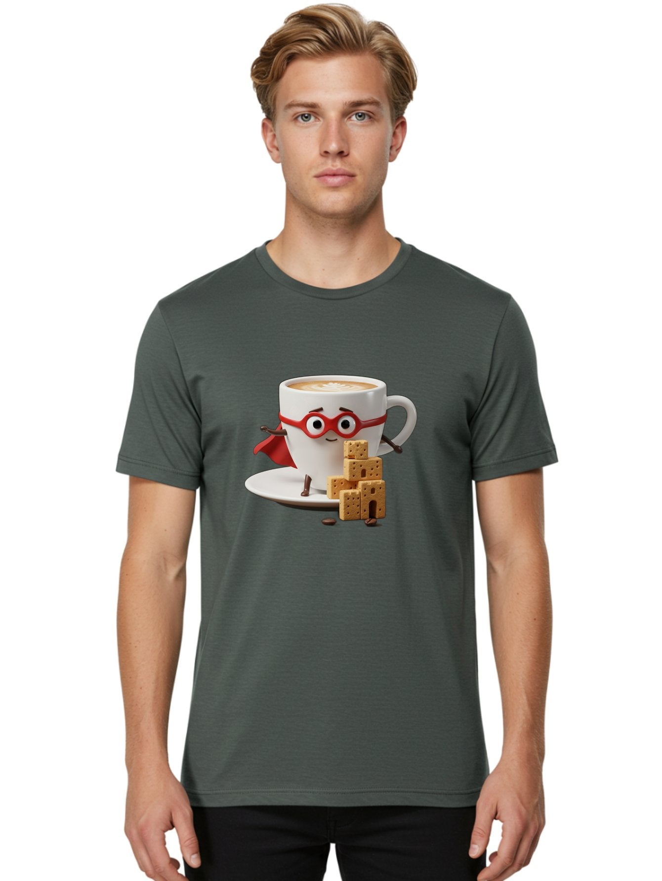 Coffee-Cup-Hero Men'S Graphic Tee, 100% Cotton, Comfortable Casual Summer Wear, Machine Washable, Coffee Cup With Face, Superhero Costume, Red Glasses, Cape, Biscuits, Chocolate Chips, Coffee Lover, Morning Routine, Funny Cartoon Bab797 29