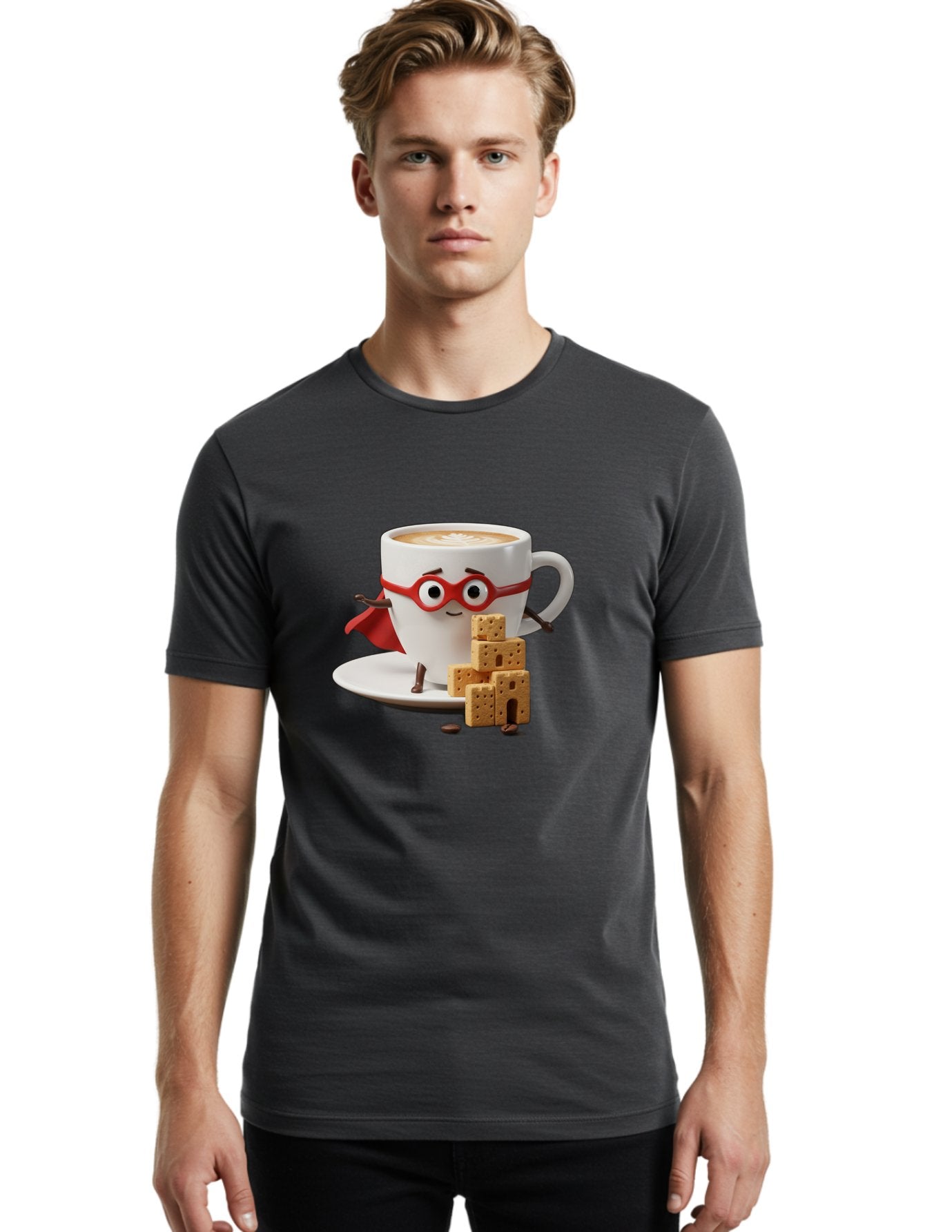 Coffee-Cup-Hero Men'S Graphic Tee, 100% Cotton, Comfortable Casual Summer Wear, Machine Washable, Coffee Cup With Face, Superhero Costume, Red Glasses, Cape, Biscuits, Chocolate Chips, Coffee Lover, Morning Routine, Funny Cartoon Bab797 24