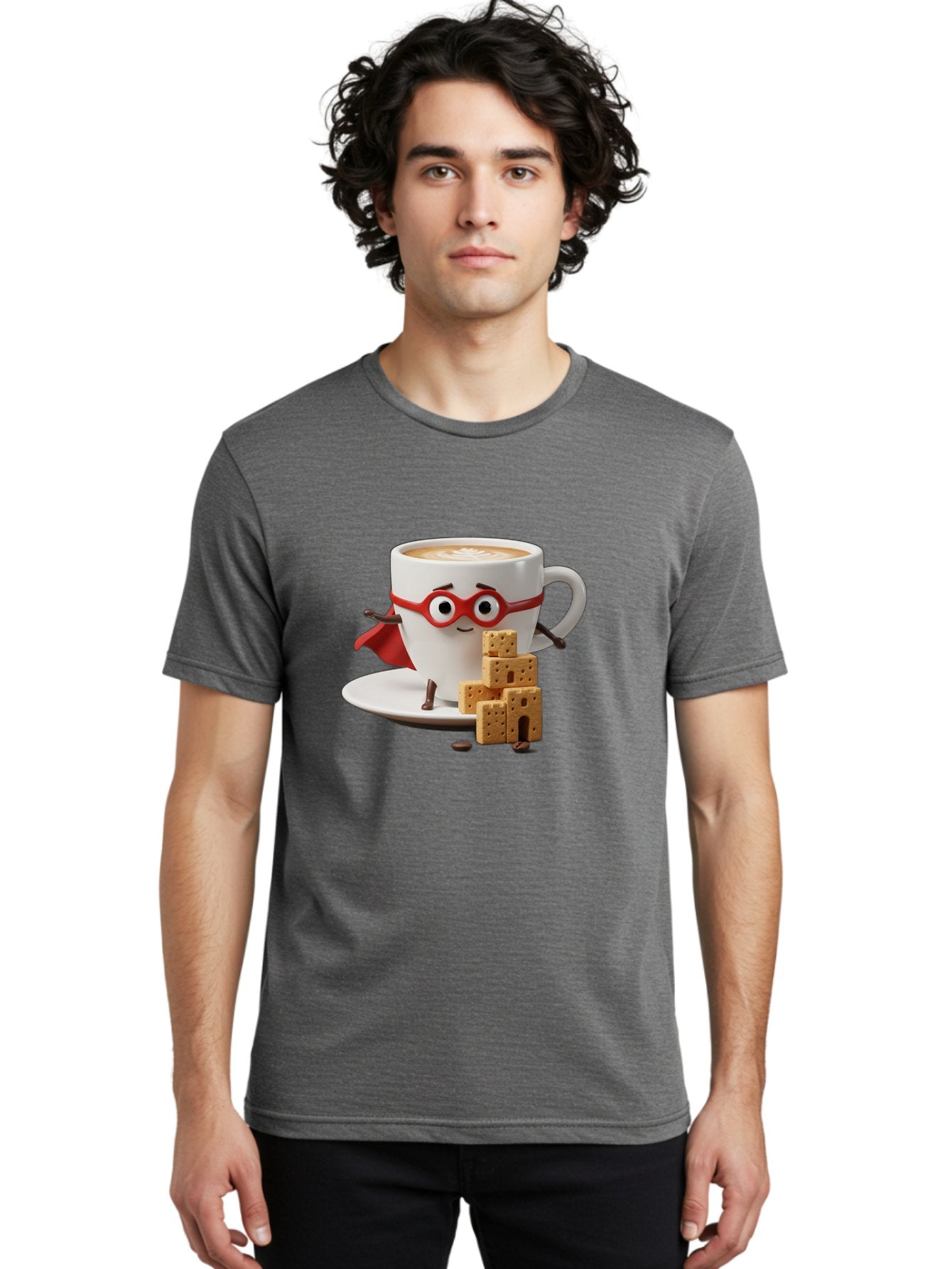 Coffee-Cup-Hero Men'S Graphic Tee, 100% Cotton, Comfortable Casual Summer Wear, Machine Washable, Coffee Cup With Face, Superhero Costume, Red Glasses, Cape, Biscuits, Chocolate Chips, Coffee Lover, Morning Routine, Funny Cartoon Bab797 26