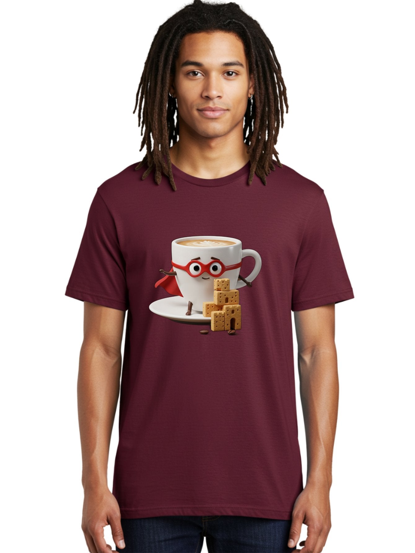 Coffee-Cup-Hero Men'S Graphic Tee, 100% Cotton, Comfortable Casual Summer Wear, Machine Washable, Coffee Cup With Face, Superhero Costume, Red Glasses, Cape, Biscuits, Chocolate Chips, Coffee Lover, Morning Routine, Funny Cartoon Bab797 17