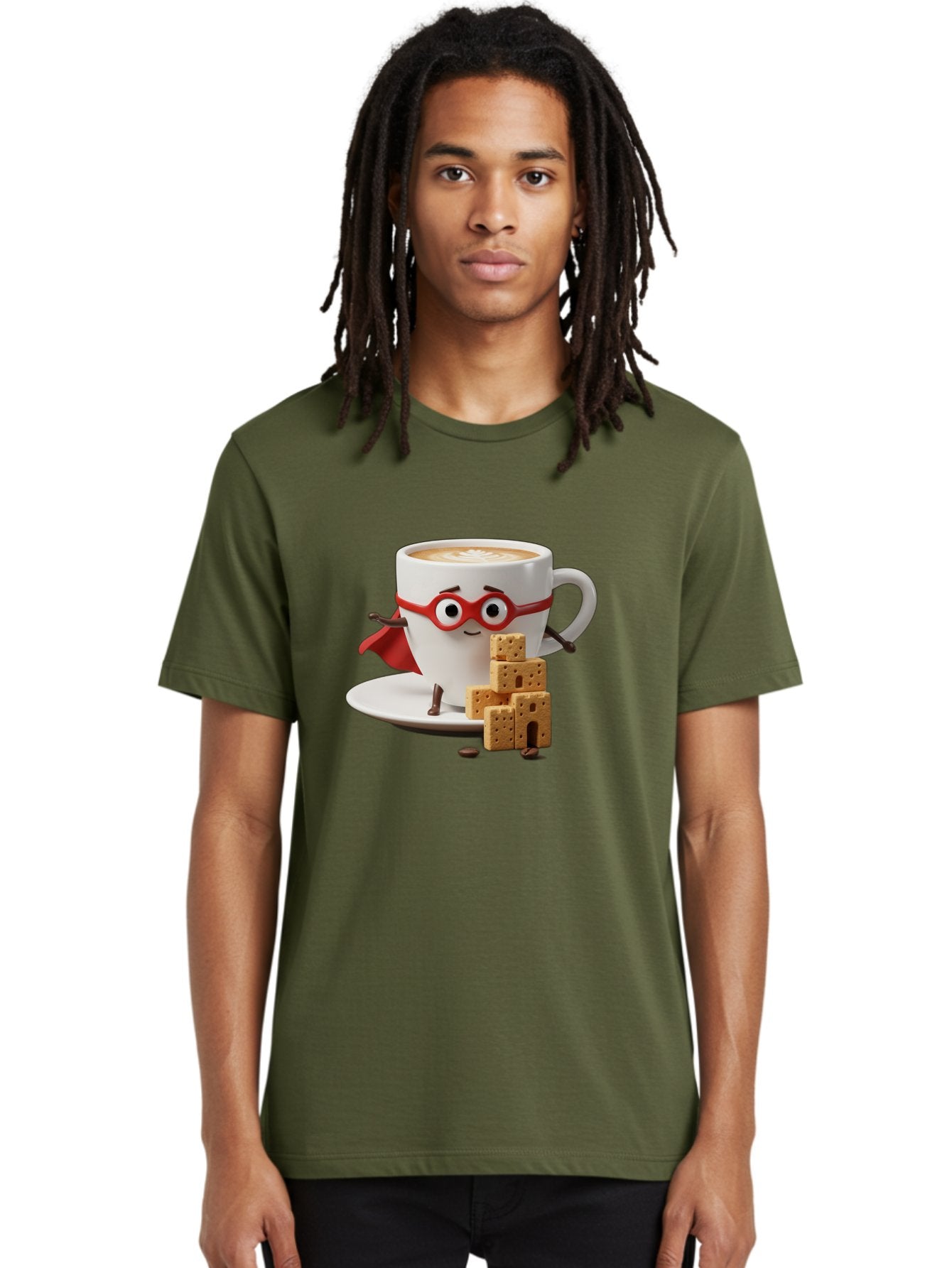 Coffee-Cup-Hero Men'S Graphic Tee, 100% Cotton, Comfortable Casual Summer Wear, Machine Washable, Coffee Cup With Face, Superhero Costume, Red Glasses, Cape, Biscuits, Chocolate Chips, Coffee Lover, Morning Routine, Funny Cartoon Bab797 16