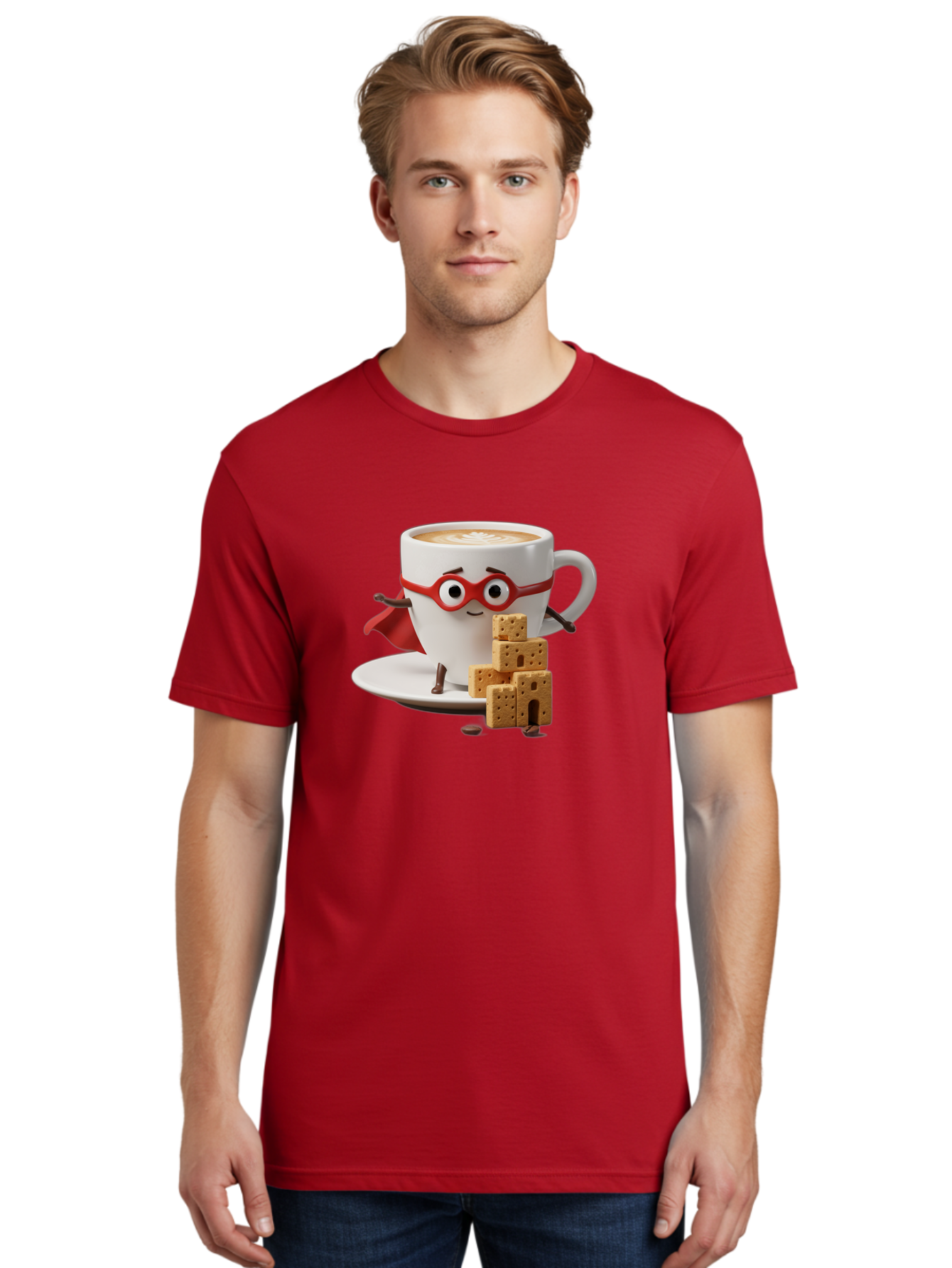 Coffee-Cup-Hero Men'S Graphic Tee, 100% Cotton, Comfortable Casual Summer Wear, Machine Washable, Coffee Cup With Face, Superhero Costume, Red Glasses, Cape, Biscuits, Chocolate Chips, Coffee Lover, Morning Routine, Funny Cartoon Bab797 30