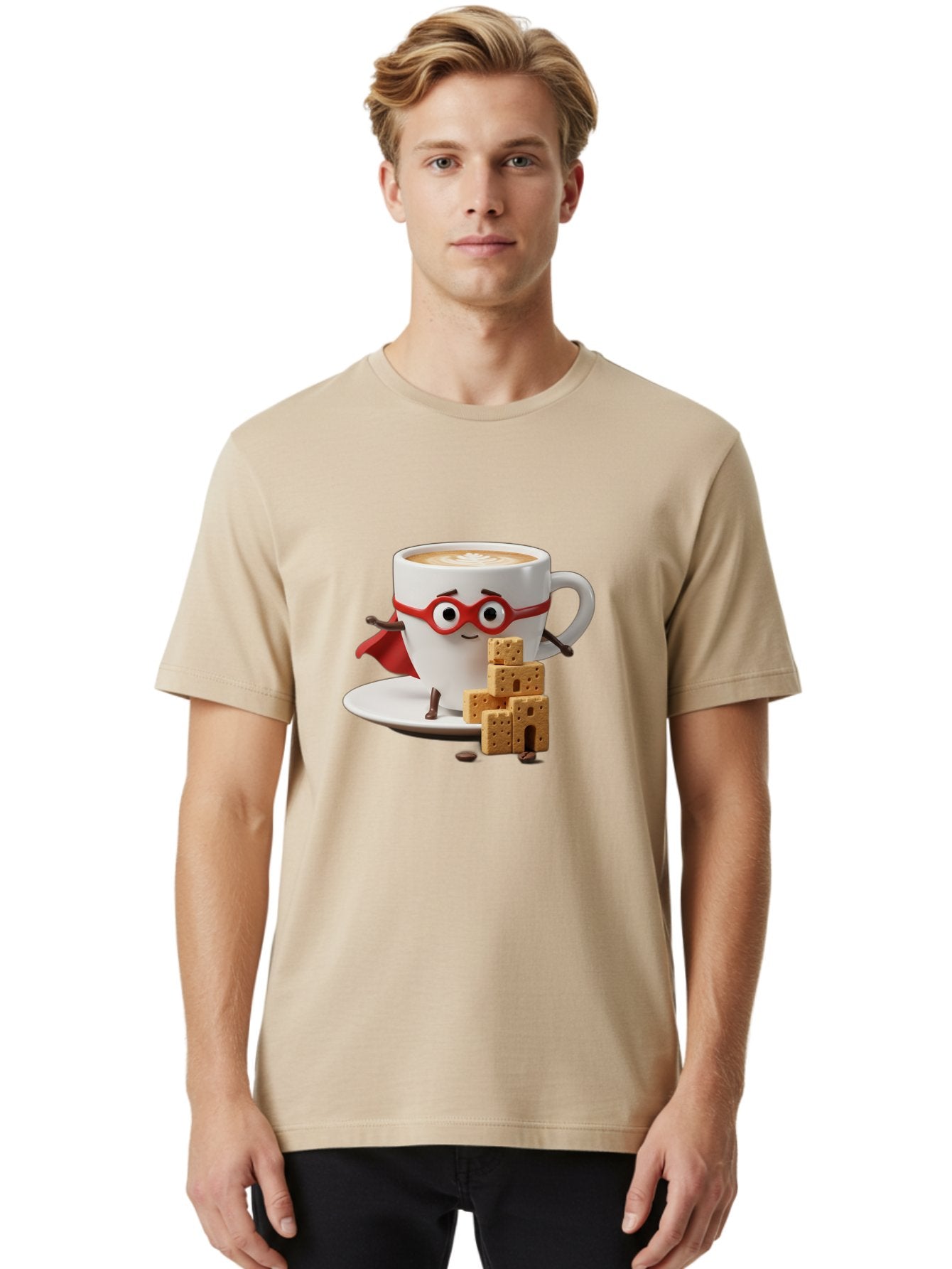 Coffee-Cup-Hero Men'S Graphic Tee, 100% Cotton, Comfortable Casual Summer Wear, Machine Washable, Coffee Cup With Face, Superhero Costume, Red Glasses, Cape, Biscuits, Chocolate Chips, Coffee Lover, Morning Routine, Funny Cartoon Bab797 19