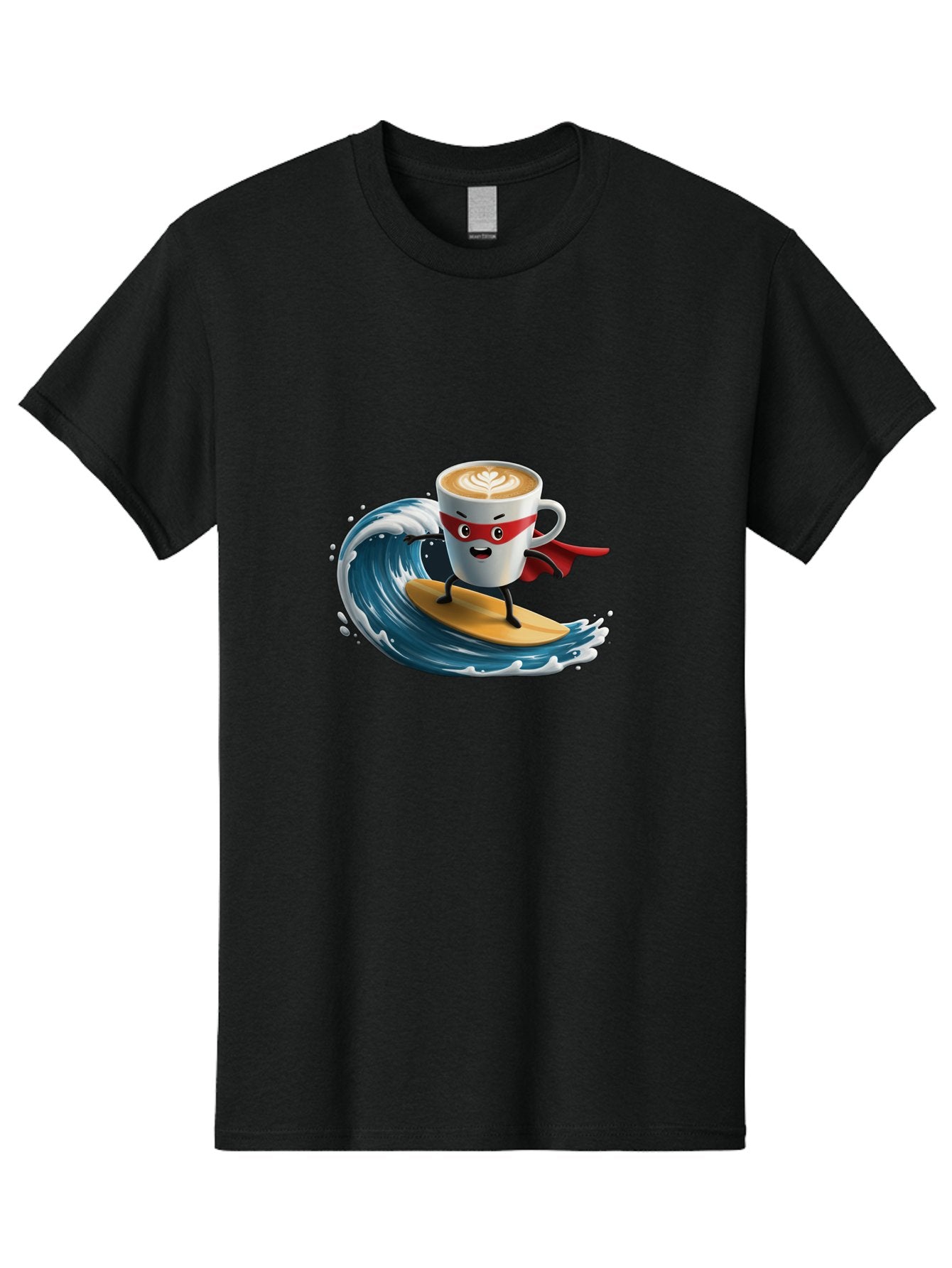 Coffee-Cup-Surfing-Hero Men'S Graphic Tee, 100% Cotton, Comfortable Casual Summer Wear, Machine Washable, Cartoon Coffee Cup, Latte Art, Superhero Cape, Red Mask, Surfing, Wave, Ocean, Fun, Adventure, Humor, Coffee Culture, Playful, Animation Bab799 11