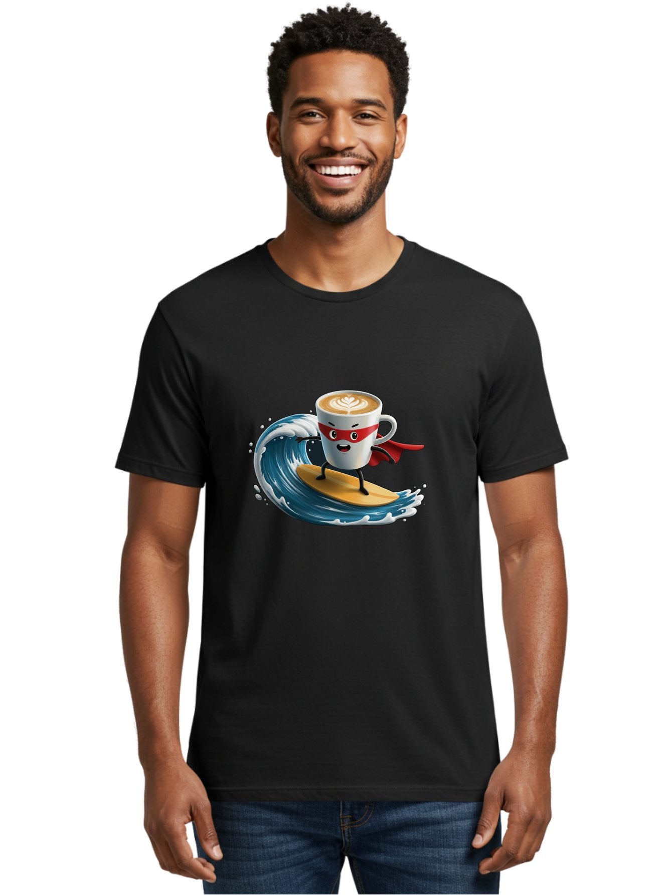 Coffee-Cup-Surfing-Hero Men'S Graphic Tee, 100% Cotton, Comfortable Casual Summer Wear, Machine Washable, Cartoon Coffee Cup, Latte Art, Superhero Cape, Red Mask, Surfing, Wave, Ocean, Fun, Adventure, Humor, Coffee Culture, Playful, Animation Bab799 27