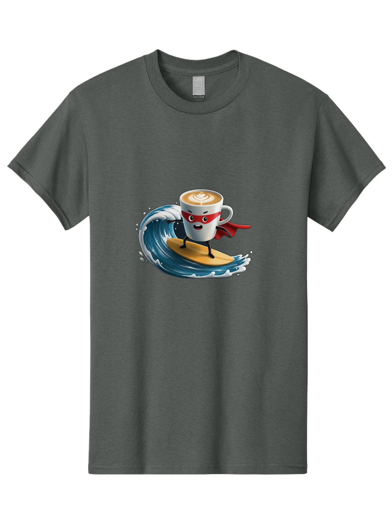 Coffee-Cup-Surfing-Hero Men'S Graphic Tee, 100% Cotton, Comfortable Casual Summer Wear, Machine Washable, Cartoon Coffee Cup, Latte Art, Superhero Cape, Red Mask, Surfing, Wave, Ocean, Fun, Adventure, Humor, Coffee Culture, Playful, Animation Bab799 5