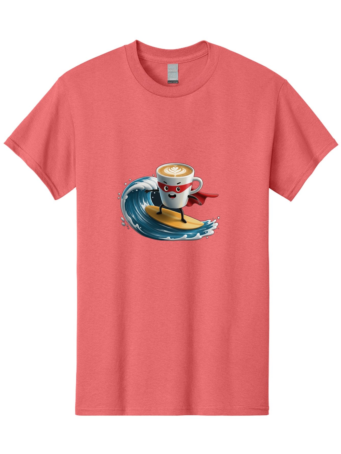 Coffee-Cup-Surfing-Hero Men'S Graphic Tee, 100% Cotton, Comfortable Casual Summer Wear, Machine Washable, Cartoon Coffee Cup, Latte Art, Superhero Cape, Red Mask, Surfing, Wave, Ocean, Fun, Adventure, Humor, Coffee Culture, Playful, Animation Bab799