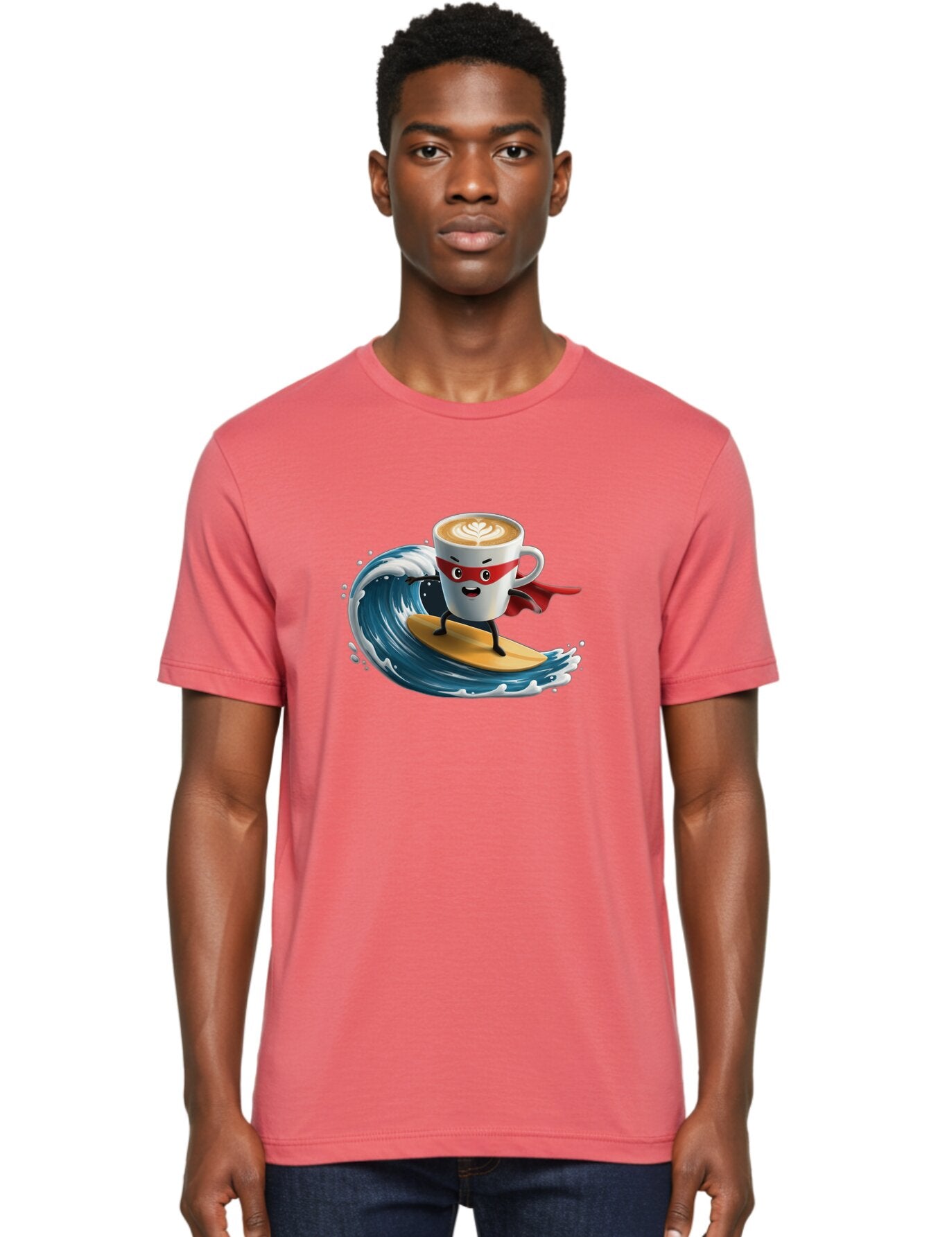 Coffee-Cup-Surfing-Hero Men'S Graphic Tee, 100% Cotton, Comfortable Casual Summer Wear, Machine Washable, Cartoon Coffee Cup, Latte Art, Superhero Cape, Red Mask, Surfing, Wave, Ocean, Fun, Adventure, Humor, Coffee Culture, Playful, Animation Bab799 19