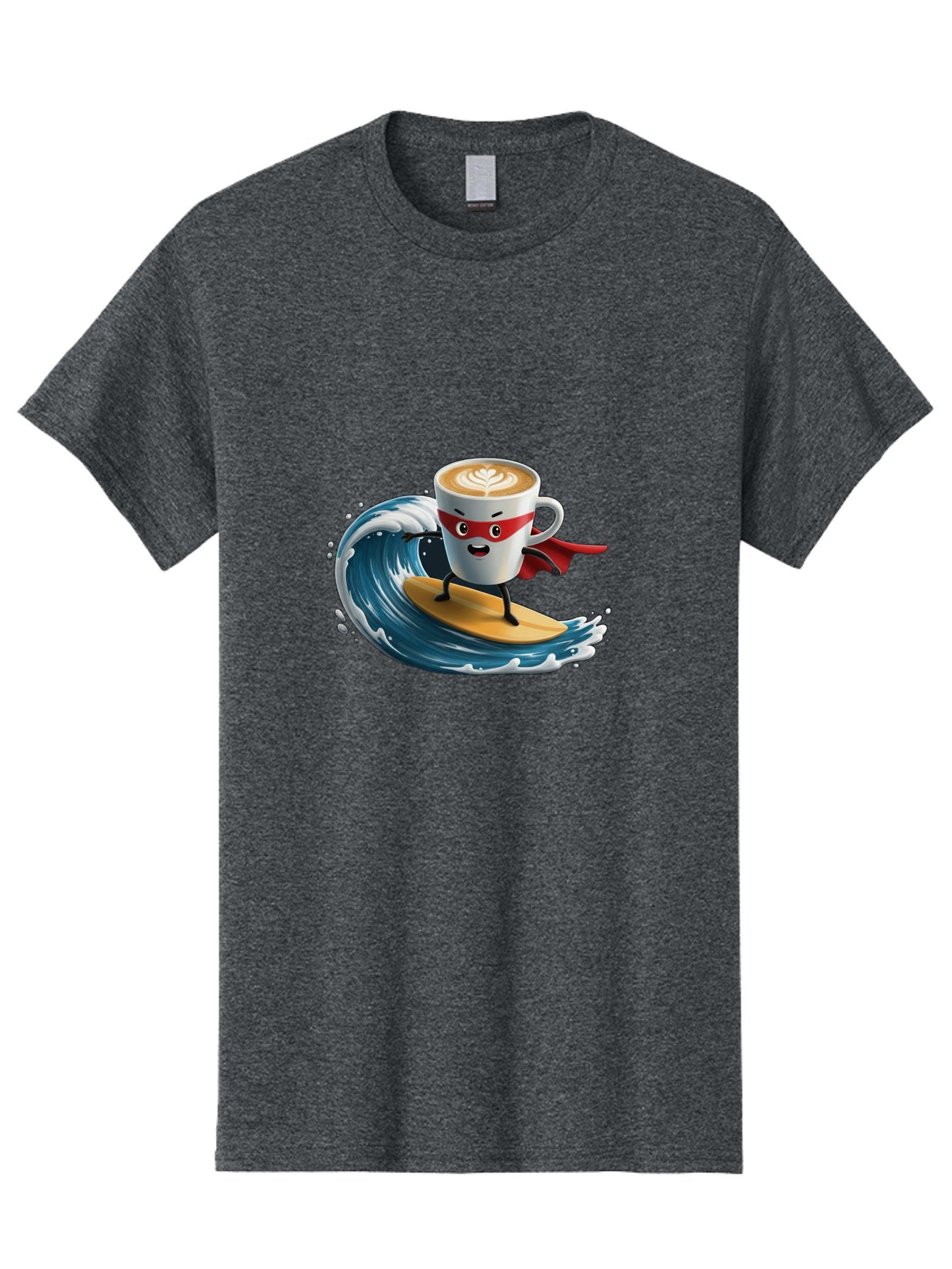 Coffee-Cup-Surfing-Hero Men'S Graphic Tee, 100% Cotton, Comfortable Casual Summer Wear, Machine Washable, Cartoon Coffee Cup, Latte Art, Superhero Cape, Red Mask, Surfing, Wave, Ocean, Fun, Adventure, Humor, Coffee Culture, Playful, Animation Bab799 14