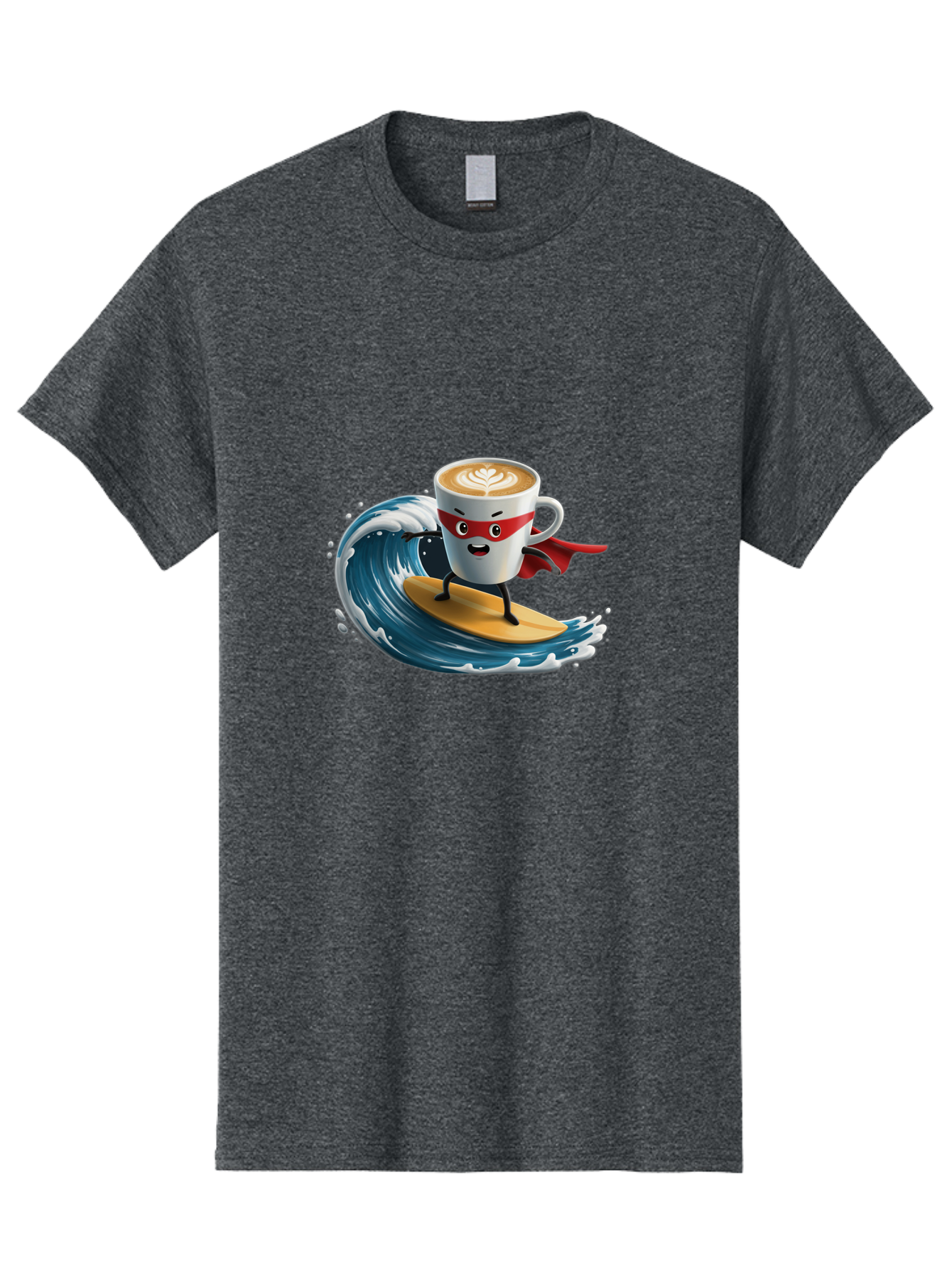 Coffee-Cup-Surfing-Hero Men'S Graphic Tee, 100% Cotton, Comfortable Casual Summer Wear, Machine Washable, Cartoon Coffee Cup, Latte Art, Superhero Cape, Red Mask, Surfing, Wave, Ocean, Fun, Adventure, Humor, Coffee Culture, Playful, Animation Bab799