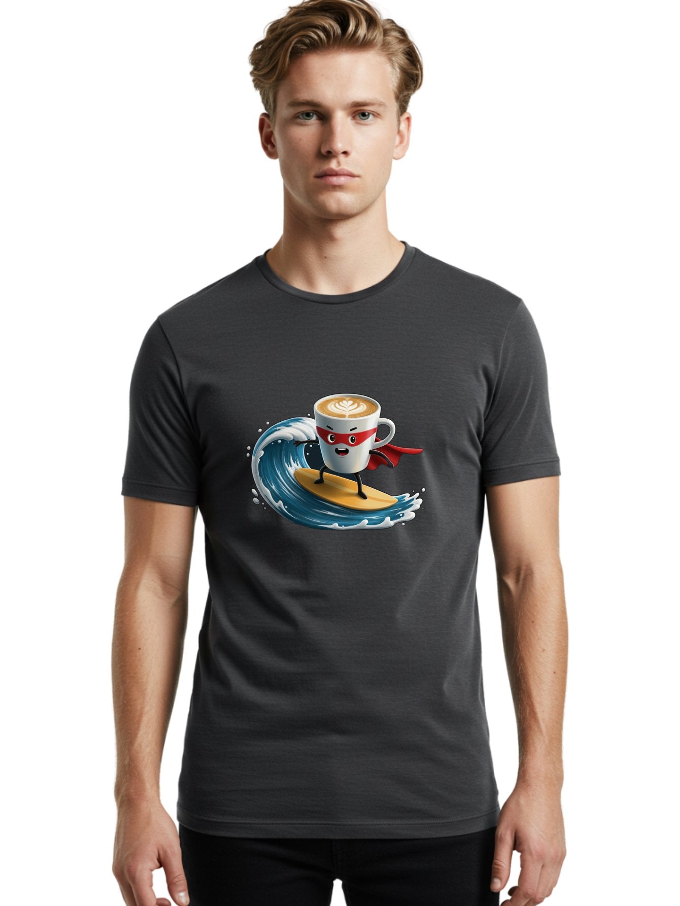 Coffee-Cup-Surfing-Hero Men'S Graphic Tee, 100% Cotton, Comfortable Casual Summer Wear, Machine Washable, Cartoon Coffee Cup, Latte Art, Superhero Cape, Red Mask, Surfing, Wave, Ocean, Fun, Adventure, Humor, Coffee Culture, Playful, Animation Bab799 29