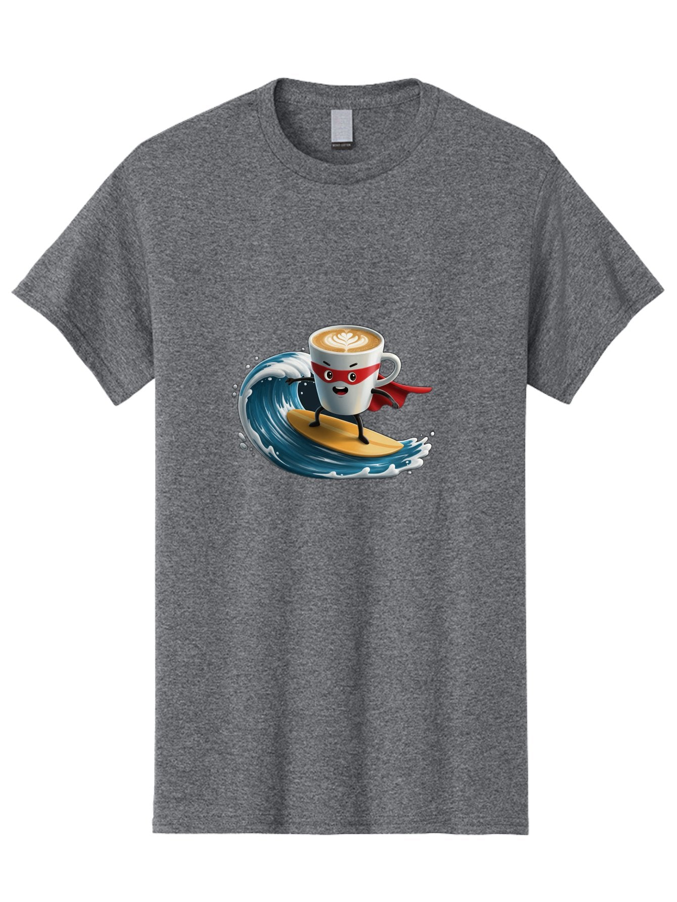 Coffee-Cup-Surfing-Hero Men'S Graphic Tee, 100% Cotton, Comfortable Casual Summer Wear, Machine Washable, Cartoon Coffee Cup, Latte Art, Superhero Cape, Red Mask, Surfing, Wave, Ocean, Fun, Adventure, Humor, Coffee Culture, Playful, Animation Bab799 7