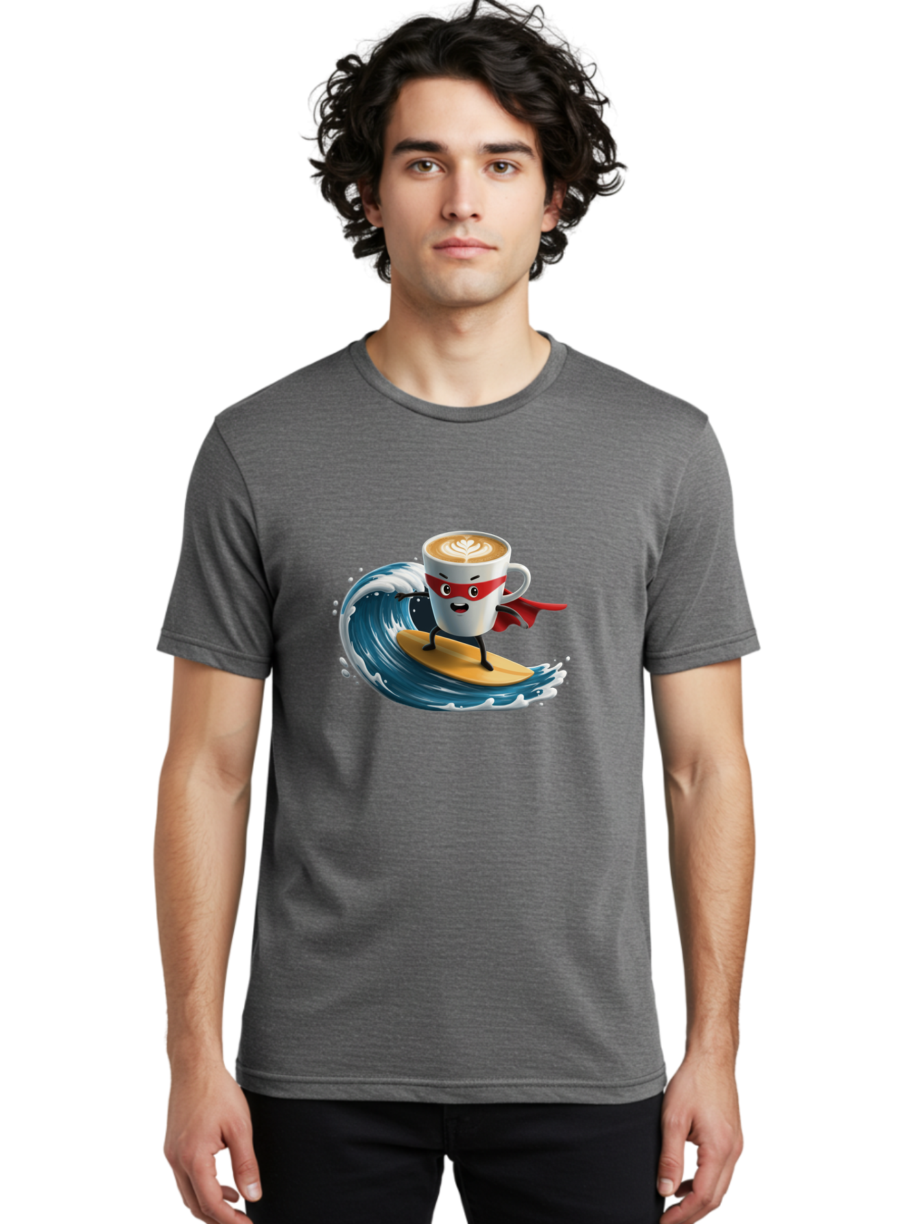 Coffee-Cup-Surfing-Hero Men'S Graphic Tee, 100% Cotton, Comfortable Casual Summer Wear, Machine Washable, Cartoon Coffee Cup, Latte Art, Superhero Cape, Red Mask, Surfing, Wave, Ocean, Fun, Adventure, Humor, Coffee Culture, Playful, Animation Bab799 28