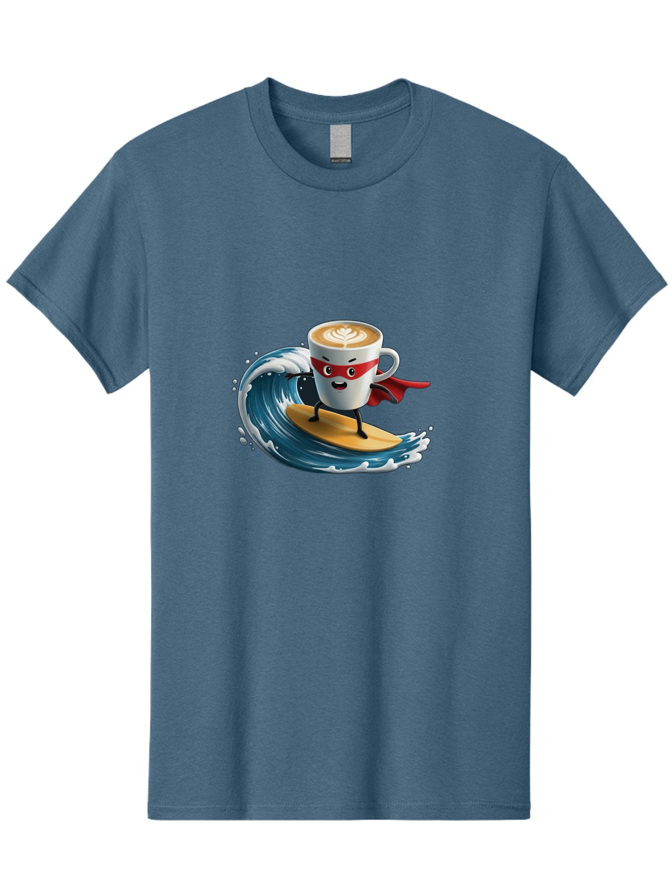 Coffee-Cup-Surfing-Hero Men'S Graphic Tee, 100% Cotton, Comfortable Casual Summer Wear, Machine Washable, Cartoon Coffee Cup, Latte Art, Superhero Cape, Red Mask, Surfing, Wave, Ocean, Fun, Adventure, Humor, Coffee Culture, Playful, Animation Bab799