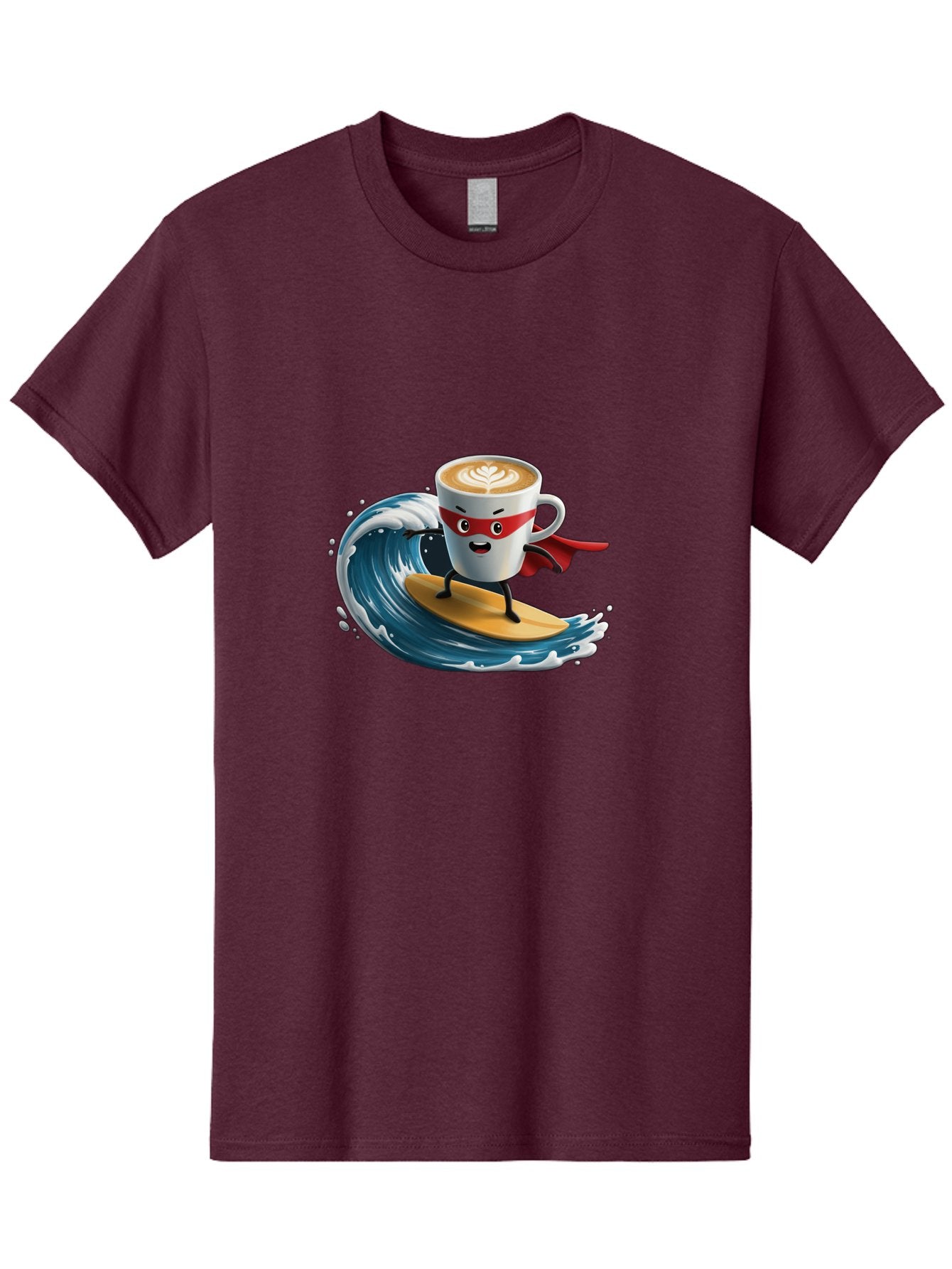 Coffee-Cup-Surfing-Hero Men'S Graphic Tee, 100% Cotton, Comfortable Casual Summer Wear, Machine Washable, Cartoon Coffee Cup, Latte Art, Superhero Cape, Red Mask, Surfing, Wave, Ocean, Fun, Adventure, Humor, Coffee Culture, Playful, Animation Bab799 10