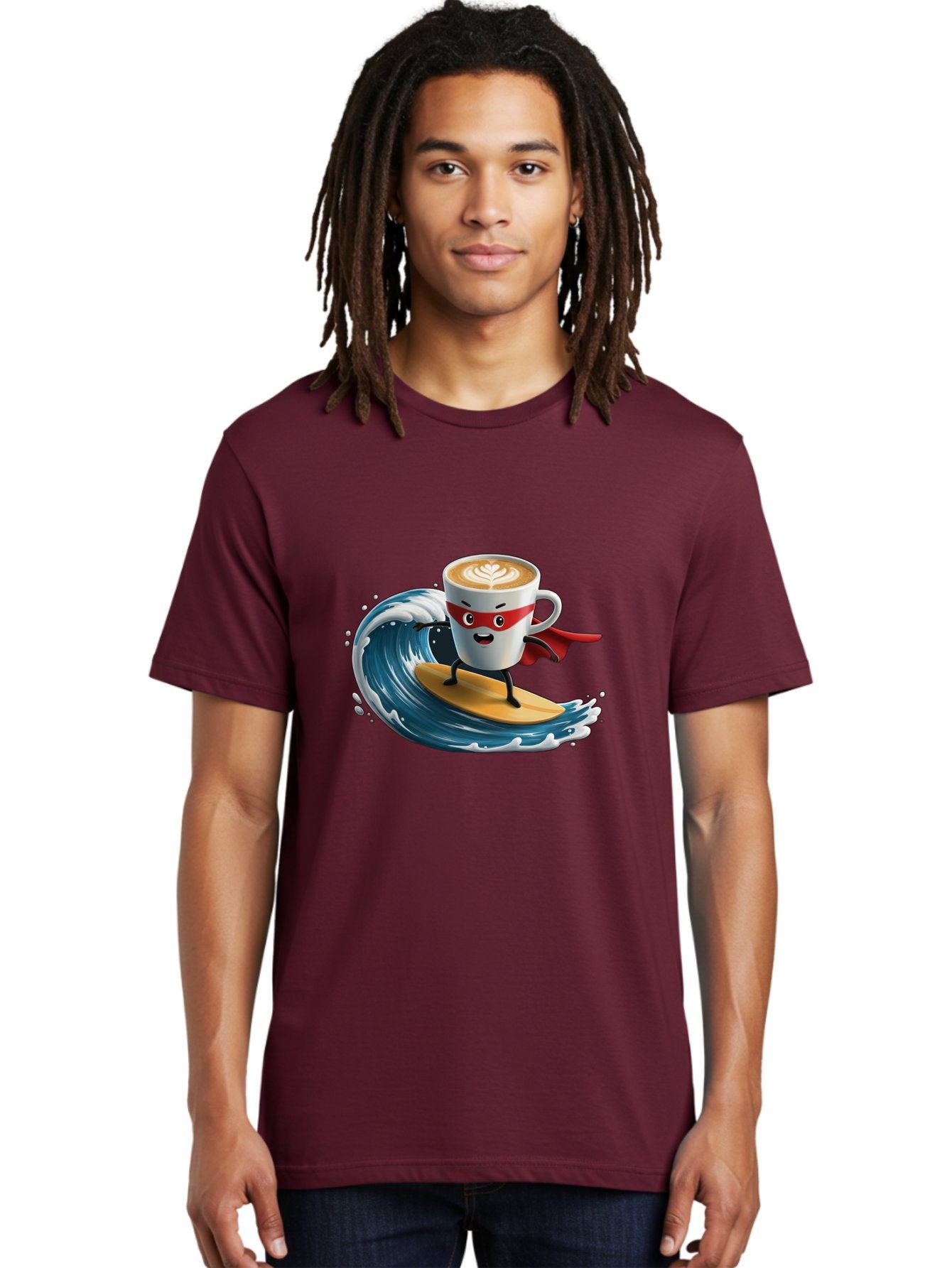 Coffee-Cup-Surfing-Hero Men'S Graphic Tee, 100% Cotton, Comfortable Casual Summer Wear, Machine Washable, Cartoon Coffee Cup, Latte Art, Superhero Cape, Red Mask, Surfing, Wave, Ocean, Fun, Adventure, Humor, Coffee Culture, Playful, Animation Bab799 17