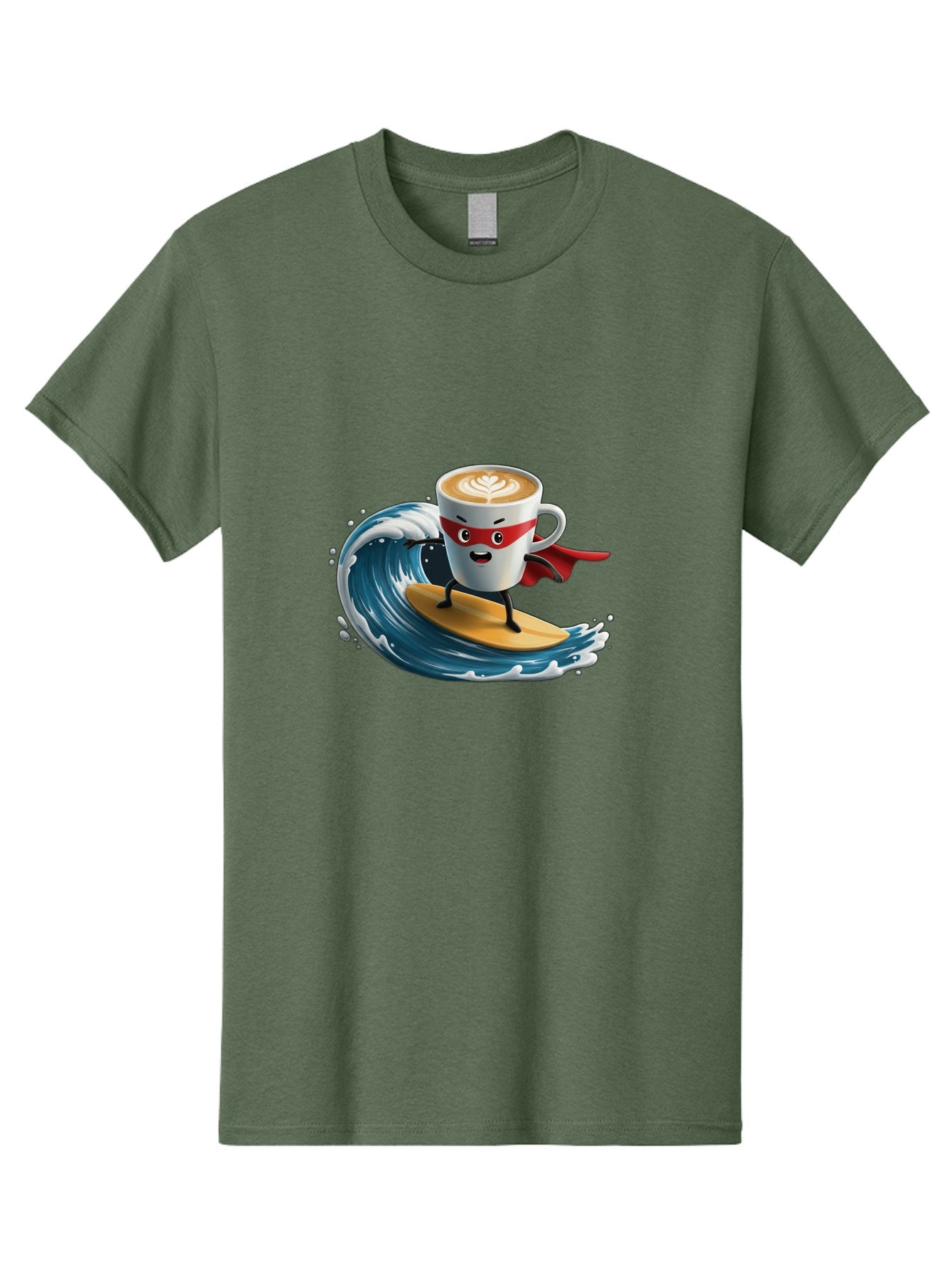 Coffee-Cup-Surfing-Hero Men'S Graphic Tee, 100% Cotton, Comfortable Casual Summer Wear, Machine Washable, Cartoon Coffee Cup, Latte Art, Superhero Cape, Red Mask, Surfing, Wave, Ocean, Fun, Adventure, Humor, Coffee Culture, Playful, Animation Bab799 6