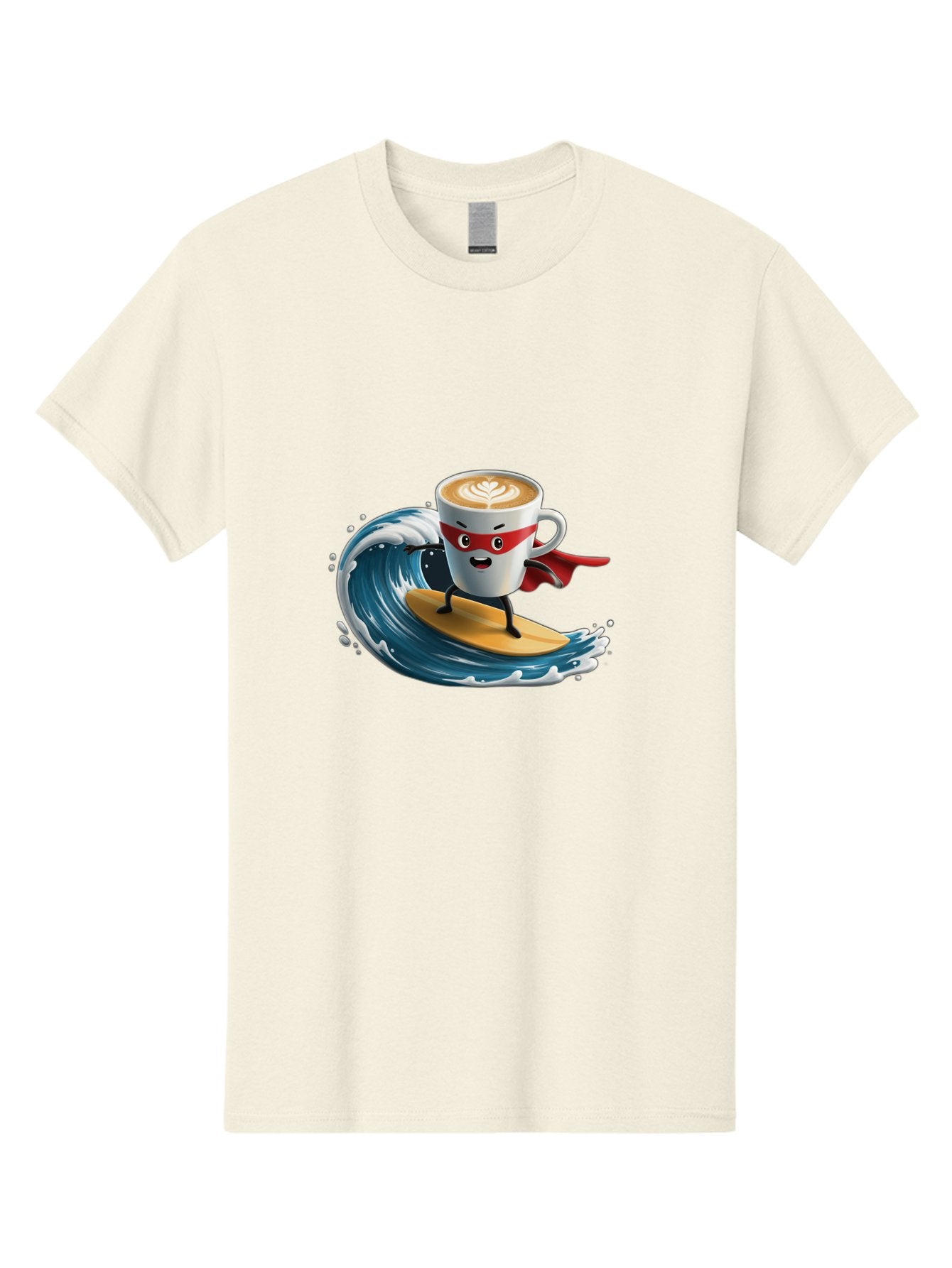 Coffee-Cup-Surfing-Hero Men'S Graphic Tee, 100% Cotton, Comfortable Casual Summer Wear, Machine Washable, Cartoon Coffee Cup, Latte Art, Superhero Cape, Red Mask, Surfing, Wave, Ocean, Fun, Adventure, Humor, Coffee Culture, Playful, Animation Bab799 3