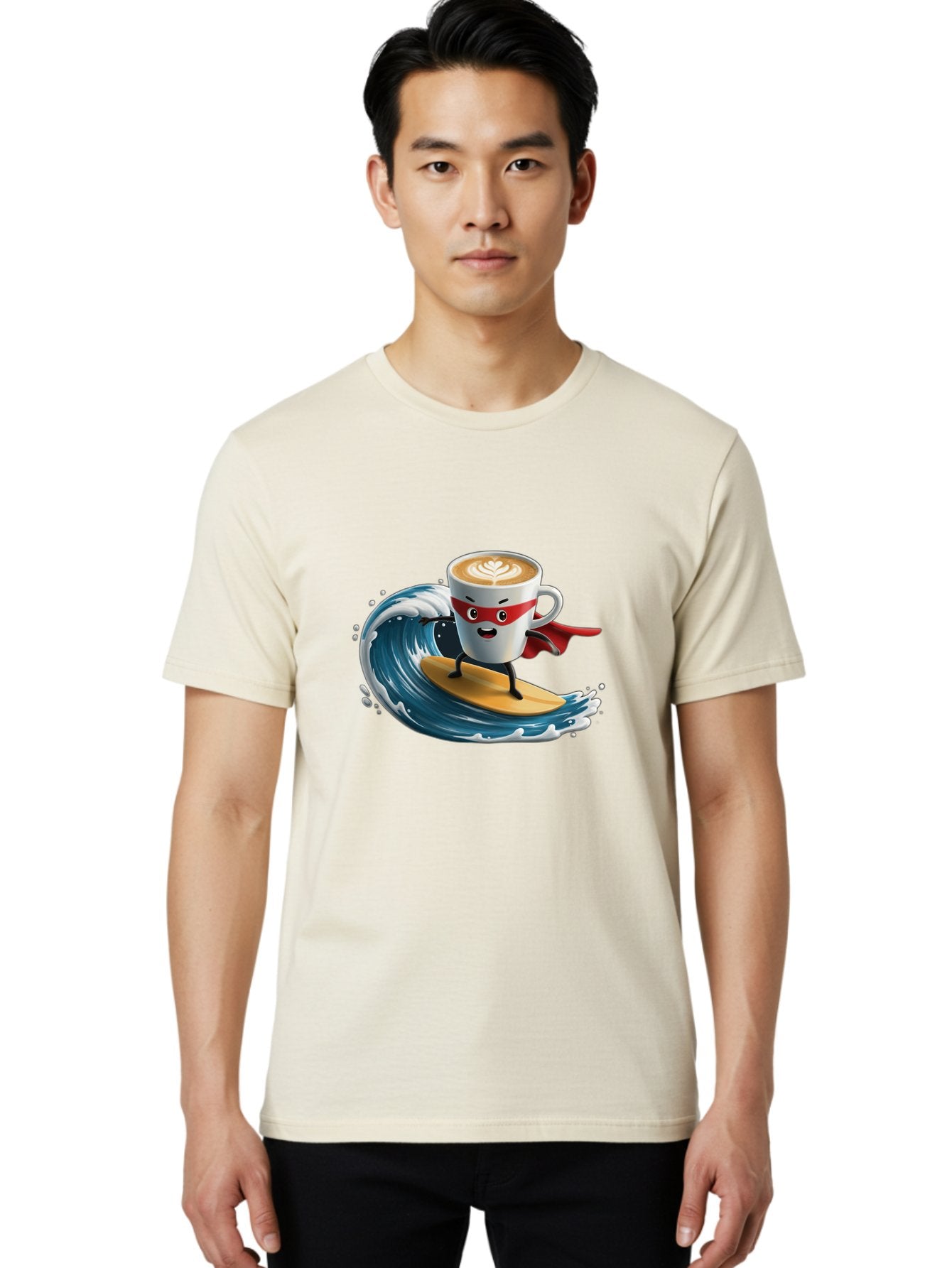 Coffee-Cup-Surfing-Hero Men'S Graphic Tee, 100% Cotton, Comfortable Casual Summer Wear, Machine Washable, Cartoon Coffee Cup, Latte Art, Superhero Cape, Red Mask, Surfing, Wave, Ocean, Fun, Adventure, Humor, Coffee Culture, Playful, Animation Bab799 22