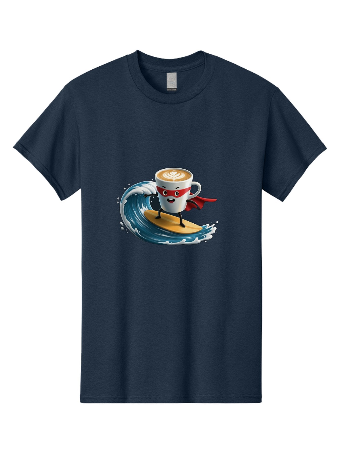 Coffee-Cup-Surfing-Hero Men'S Graphic Tee, 100% Cotton, Comfortable Casual Summer Wear, Machine Washable, Cartoon Coffee Cup, Latte Art, Superhero Cape, Red Mask, Surfing, Wave, Ocean, Fun, Adventure, Humor, Coffee Culture, Playful, Animation Bab799 13