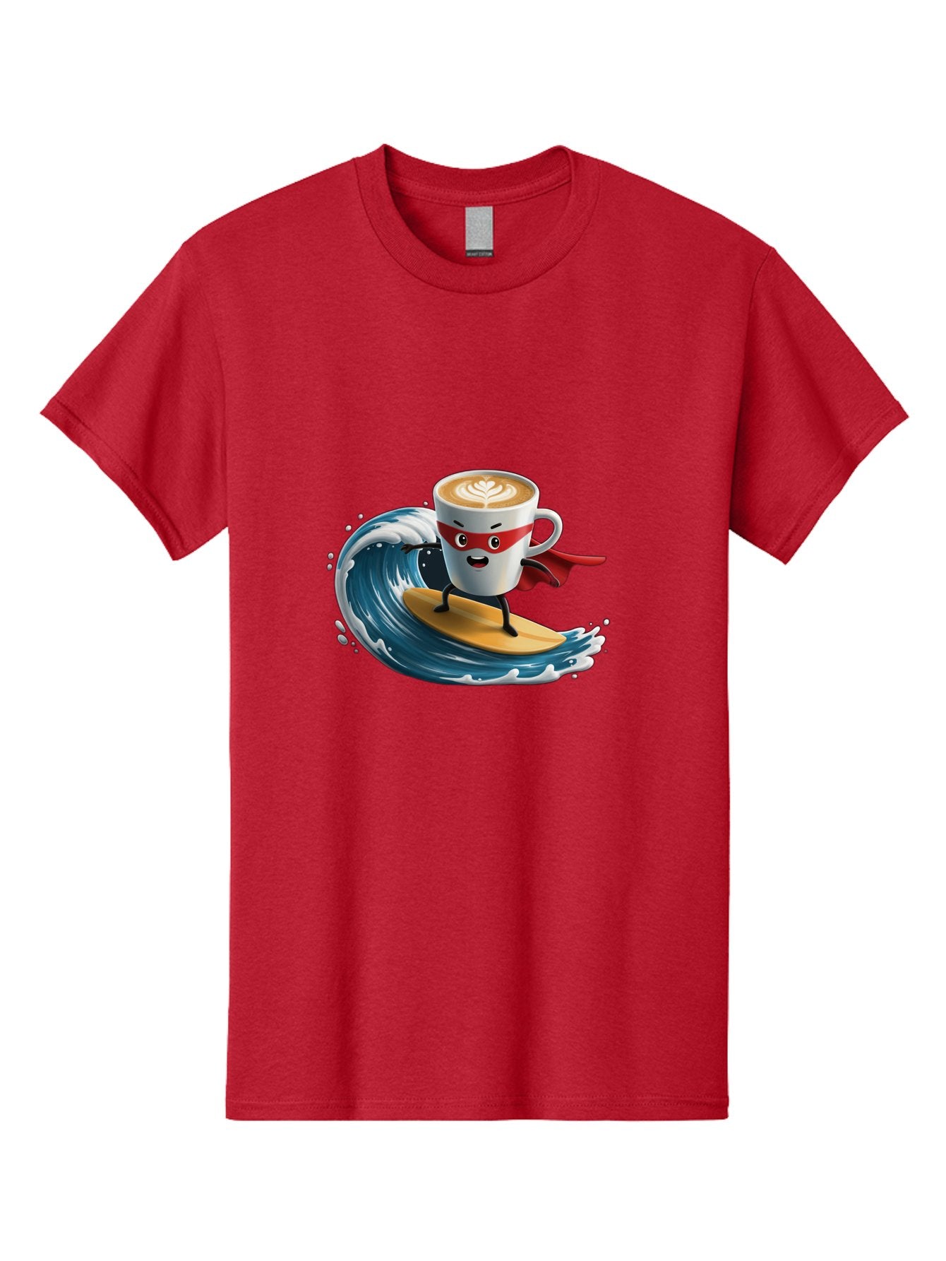 Coffee-Cup-Surfing-Hero Men'S Graphic Tee, 100% Cotton, Comfortable Casual Summer Wear, Machine Washable, Cartoon Coffee Cup, Latte Art, Superhero Cape, Red Mask, Surfing, Wave, Ocean, Fun, Adventure, Humor, Coffee Culture, Playful, Animation Bab799 12