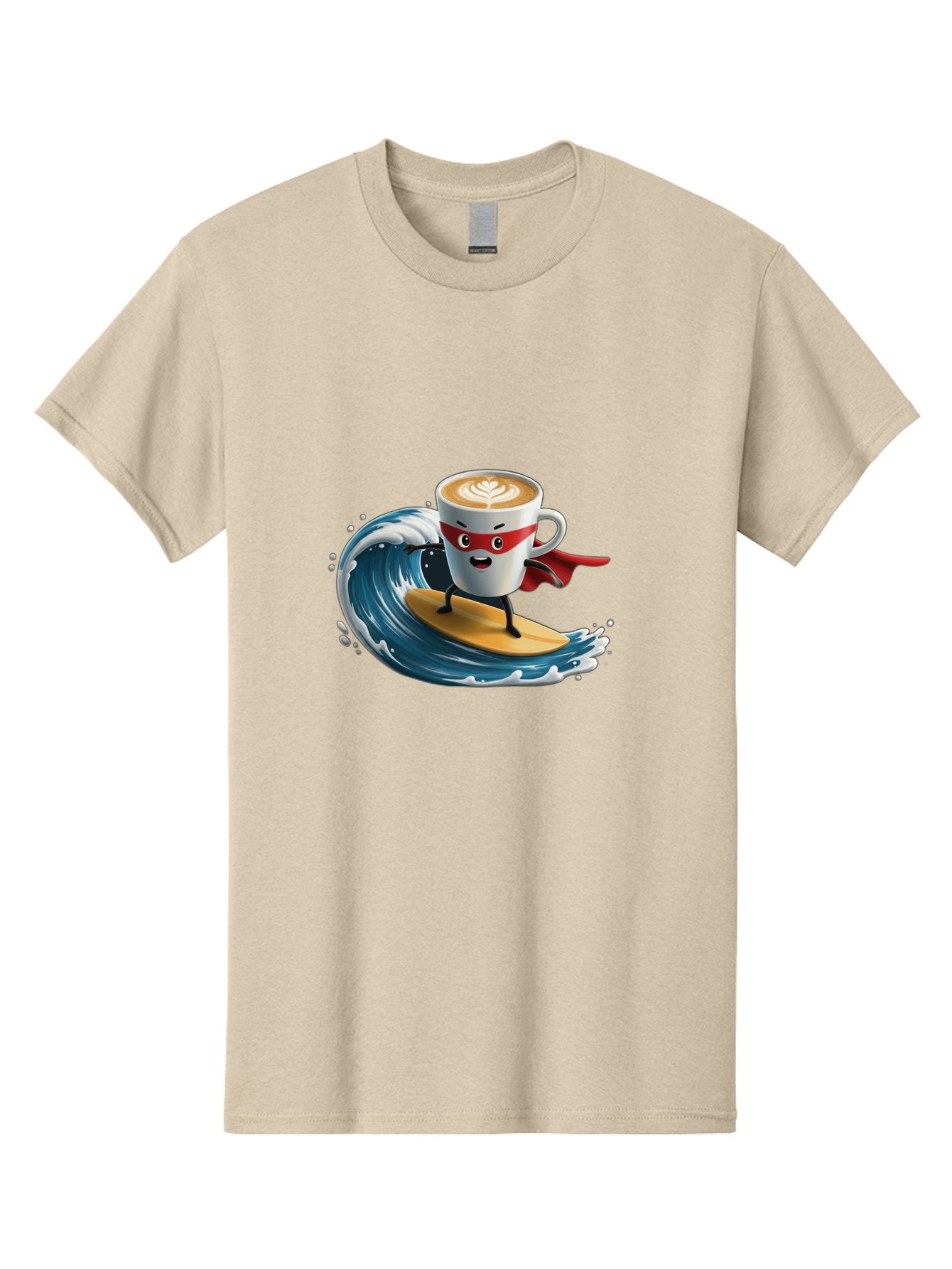 Coffee-Cup-Surfing-Hero Men'S Graphic Tee, 100% Cotton, Comfortable Casual Summer Wear, Machine Washable, Cartoon Coffee Cup, Latte Art, Superhero Cape, Red Mask, Surfing, Wave, Ocean, Fun, Adventure, Humor, Coffee Culture, Playful, Animation Bab799 4