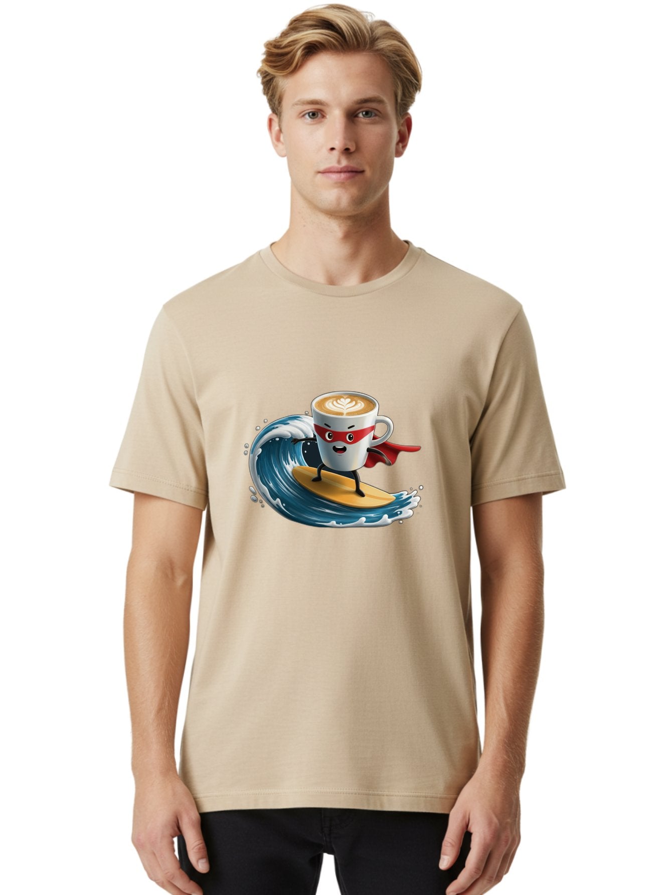 Coffee-Cup-Surfing-Hero Men'S Graphic Tee, 100% Cotton, Comfortable Casual Summer Wear, Machine Washable, Cartoon Coffee Cup, Latte Art, Superhero Cape, Red Mask, Surfing, Wave, Ocean, Fun, Adventure, Humor, Coffee Culture, Playful, Animation Bab799 18