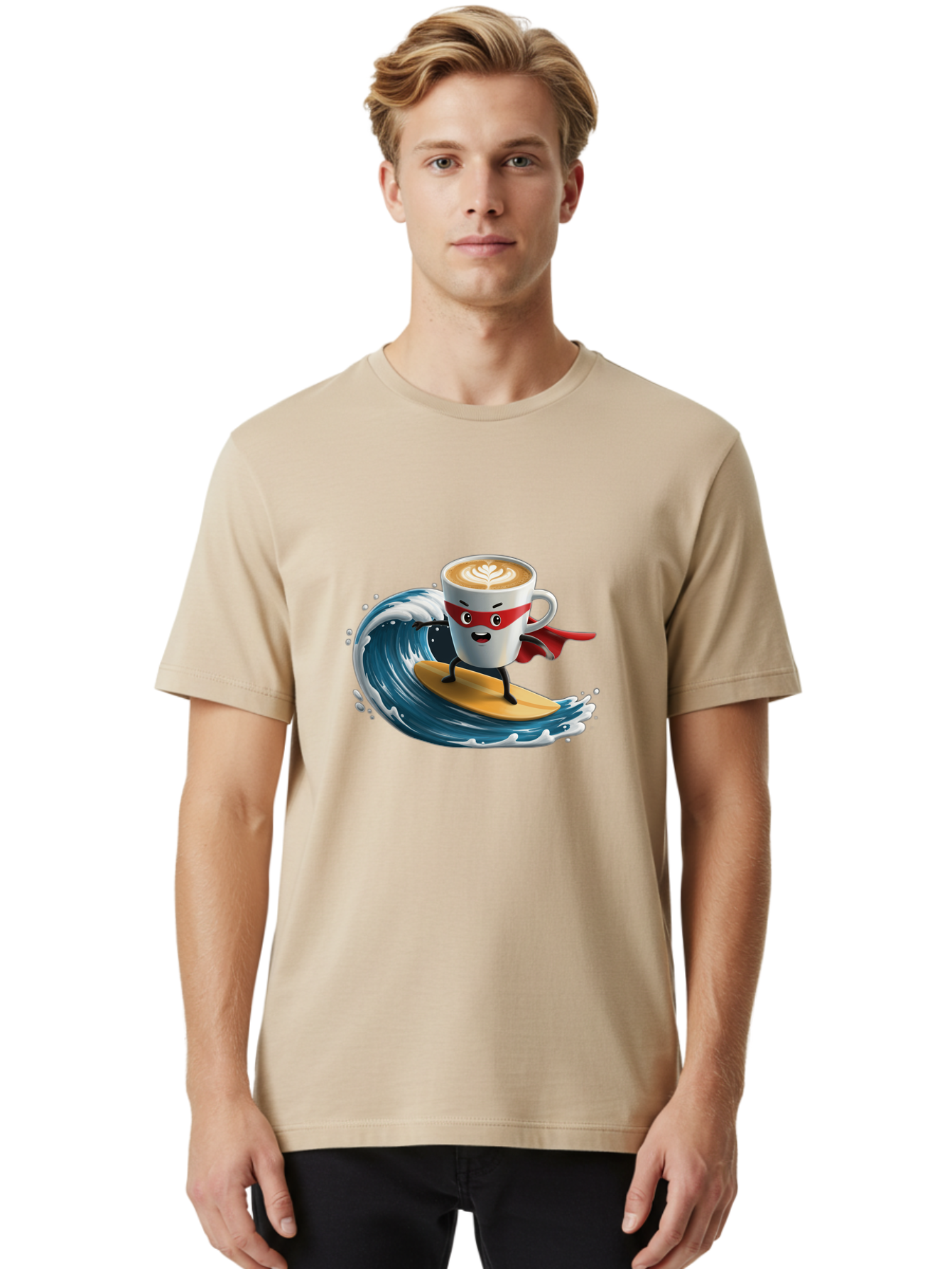 Coffee-Cup-Surfing-Hero Men'S Graphic Tee, 100% Cotton, Comfortable Casual Summer Wear, Machine Washable, Cartoon Coffee Cup, Latte Art, Superhero Cape, Red Mask, Surfing, Wave, Ocean, Fun, Adventure, Humor, Coffee Culture, Playful, Animation Bab799 27