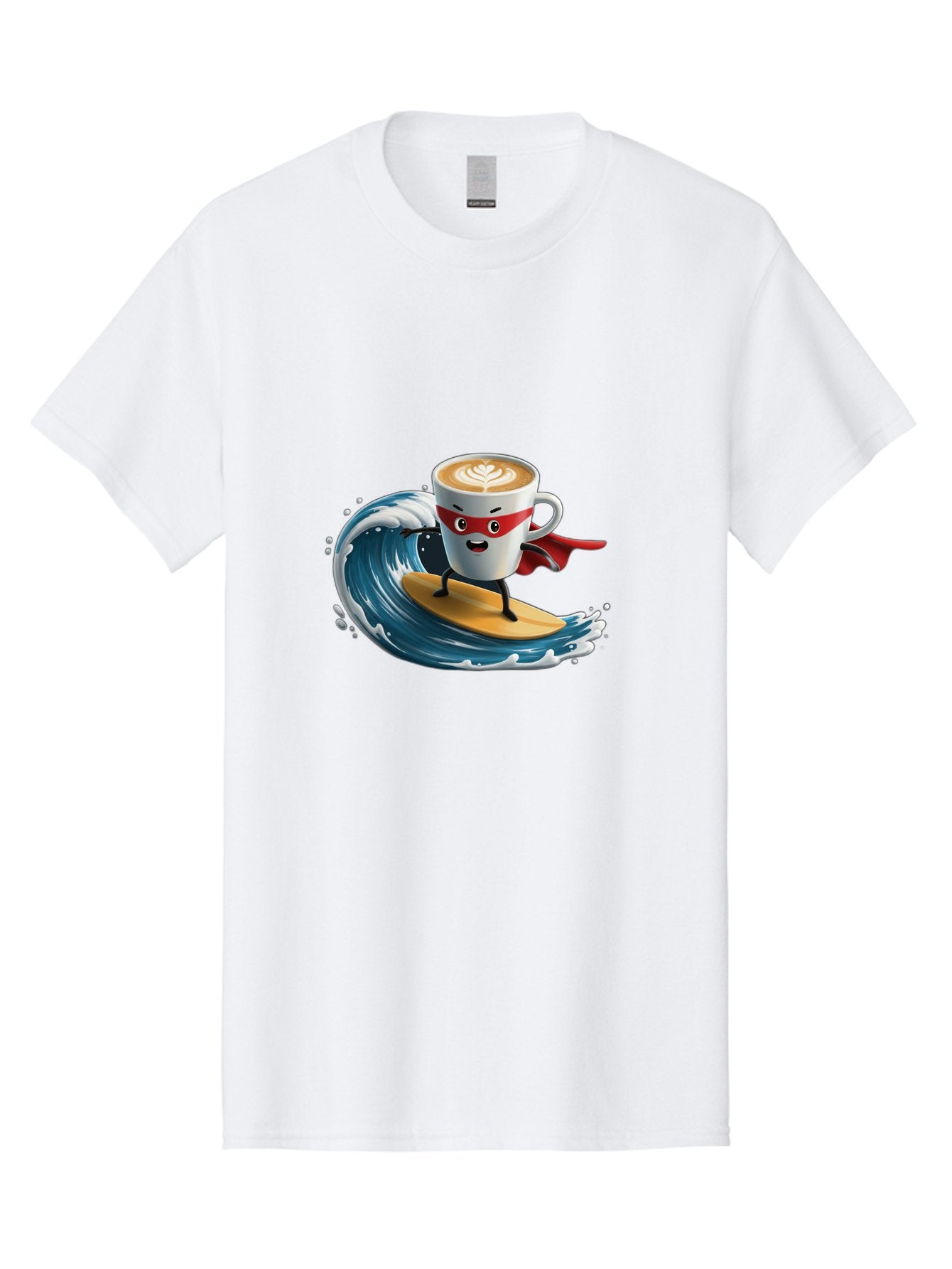 Coffee-Cup-Surfing-Hero Men'S Graphic Tee, 100% Cotton, Comfortable Casual Summer Wear, Machine Washable, Cartoon Coffee Cup, Latte Art, Superhero Cape, Red Mask, Surfing, Wave, Ocean, Fun, Adventure, Humor, Coffee Culture, Playful, Animation Bab799 8