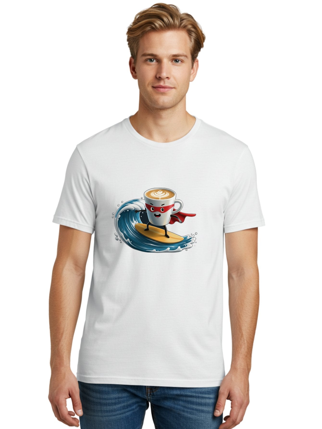 Coffee-Cup-Surfing-Hero Men'S Graphic Tee, 100% Cotton, Comfortable Casual Summer Wear, Machine Washable, Cartoon Coffee Cup, Latte Art, Superhero Cape, Red Mask, Surfing, Wave, Ocean, Fun, Adventure, Humor, Coffee Culture, Playful, Animation Bab799 25
