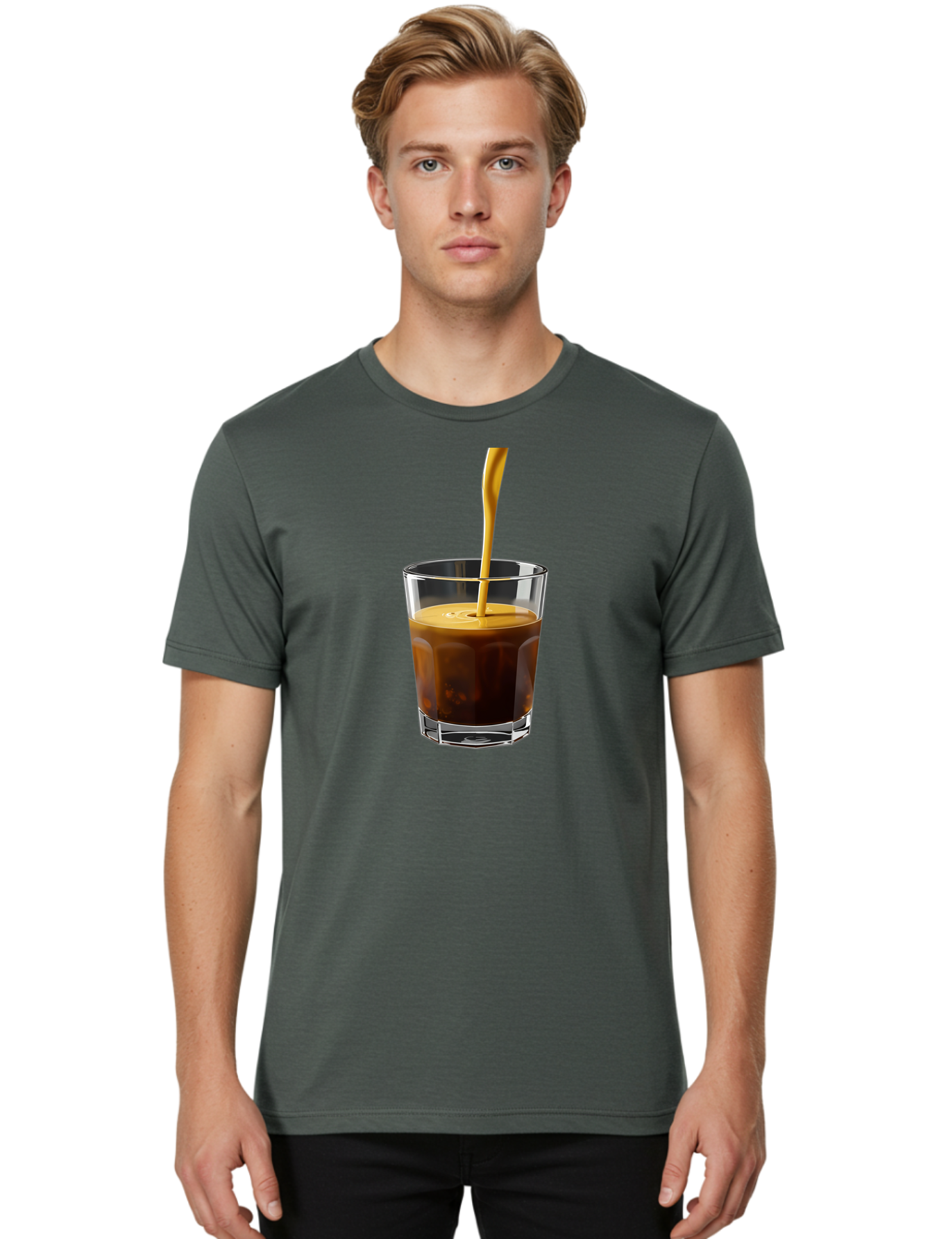 Coffee-In-Glass Men'S Graphic Tee, 100% Cotton, Comfortable Casual Summer Wear, Machine Washable, Coffee Being Poured, Espresso In A Glass, Coffee Drink, Creamy Texture, Rich Flavor, Coffee Lover, Morning Pick-Me-Up, Caffeine Fix Bab801 30