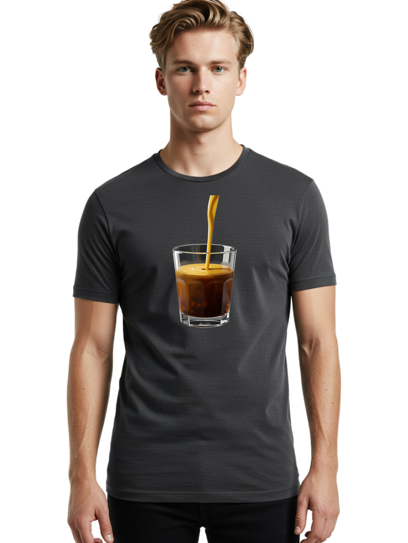 Coffee-In-Glass Men'S Graphic Tee, 100% Cotton, Comfortable Casual Summer Wear, Machine Washable, Coffee Being Poured, Espresso In A Glass, Coffee Drink, Creamy Texture, Rich Flavor, Coffee Lover, Morning Pick-Me-Up, Caffeine Fix Bab801 24