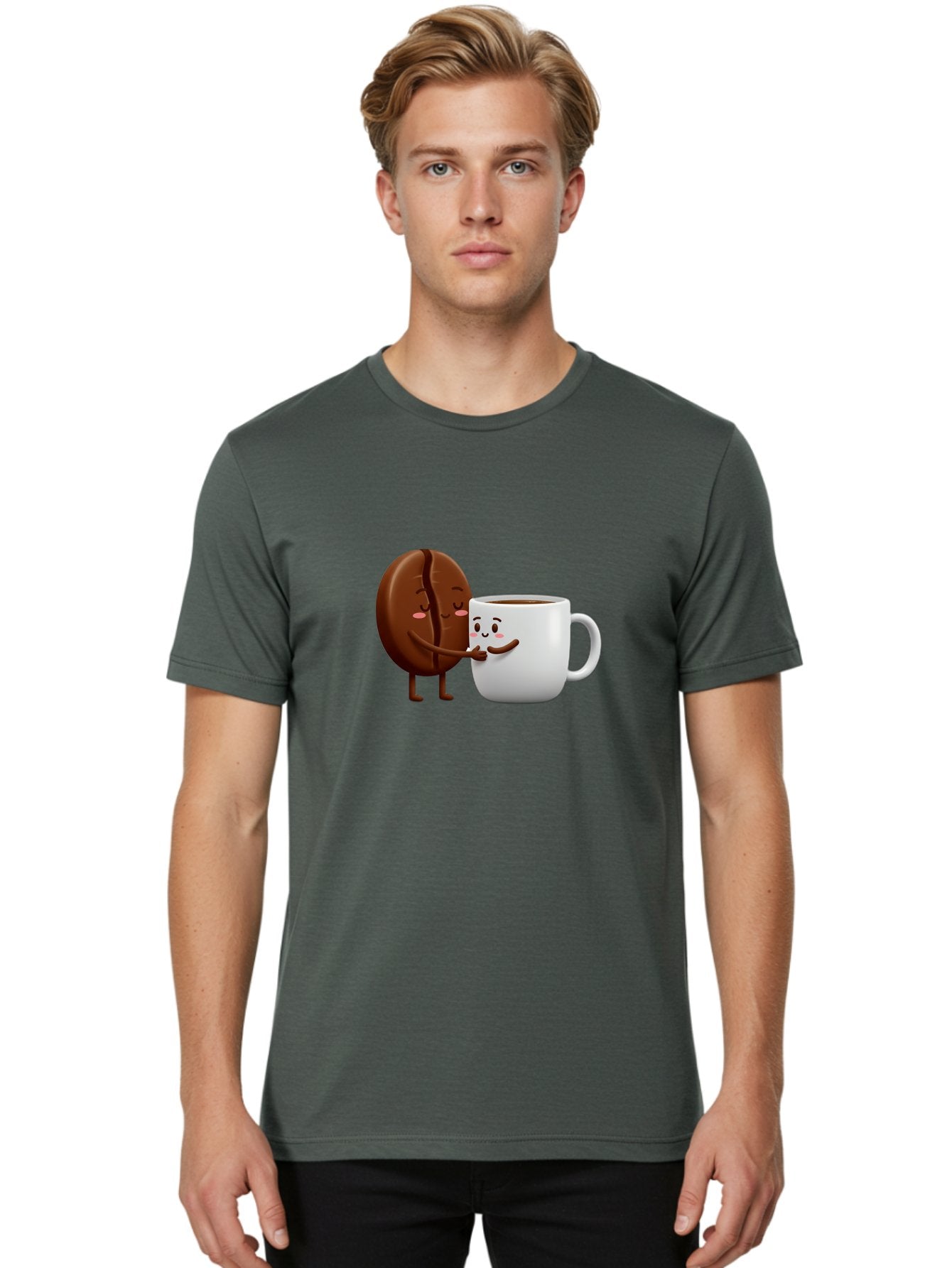 Coffee-Kissing Men'S Graphic Tee, 100% Cotton, Comfortable Casual Summer Wear, Machine Washable, Cartoon Cookie, Coffee Mug, Anthropomorphic Characters, Smiling Faces, Friendly Interaction, Chocolate Cookie, Coffee Drink, Bab802 19