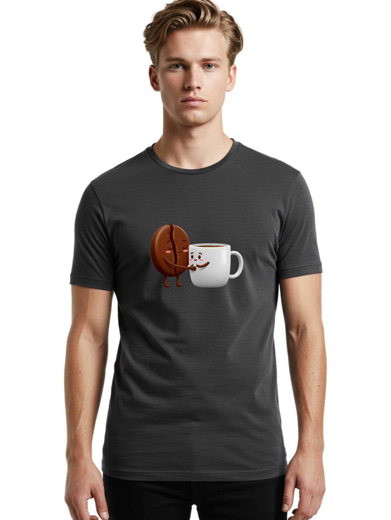 Coffee-Kissing Men'S Graphic Tee, 100% Cotton, Comfortable Casual Summer Wear, Machine Washable, Cartoon Cookie, Coffee Mug, Anthropomorphic Characters, Smiling Faces, Friendly Interaction, Chocolate Cookie, Coffee Drink, Bab802 26