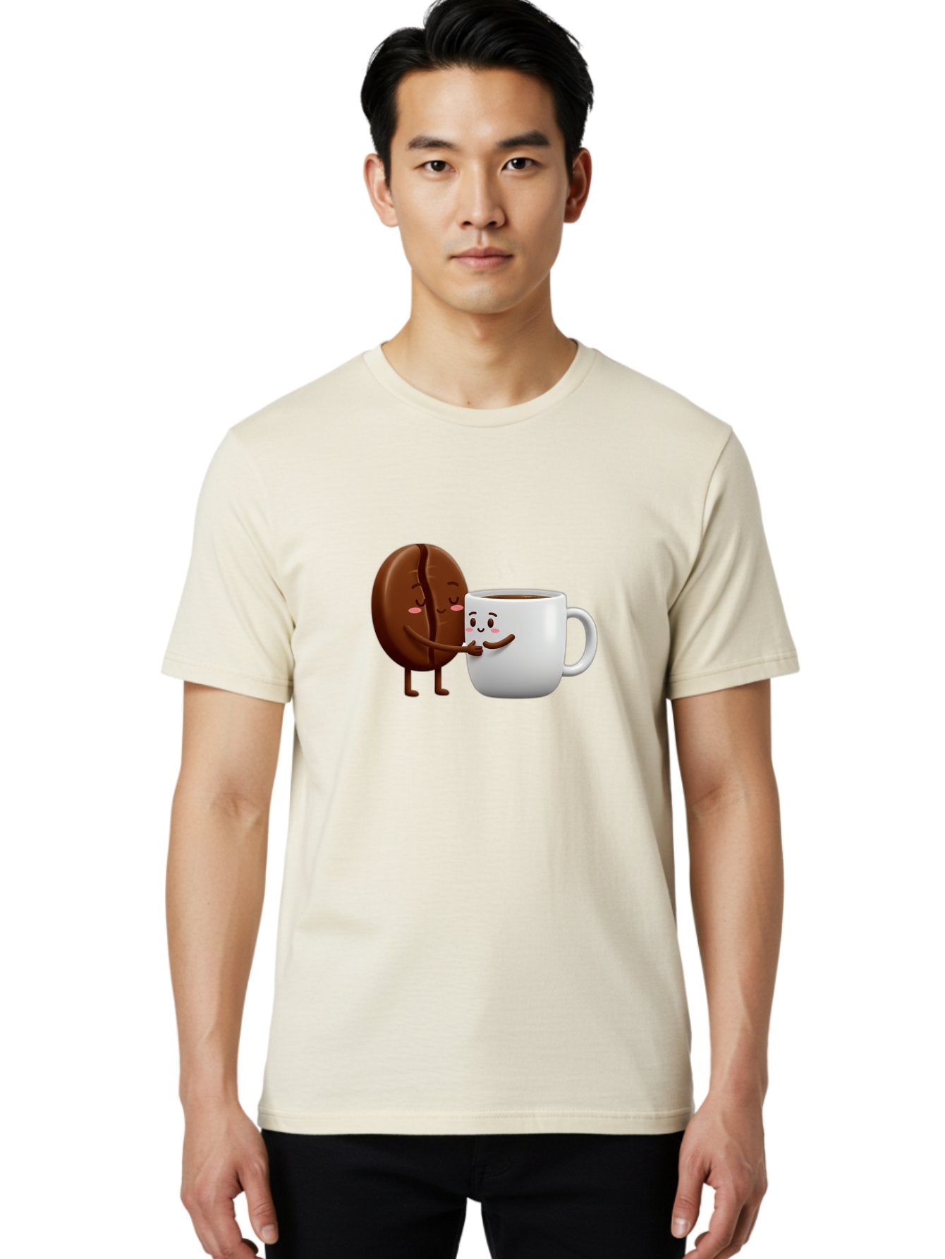 Coffee-Kissing Men'S Graphic Tee, 100% Cotton, Comfortable Casual Summer Wear, Machine Washable, Cartoon Cookie, Coffee Mug, Anthropomorphic Characters, Smiling Faces, Friendly Interaction, Chocolate Cookie, Coffee Drink, Bab802 16