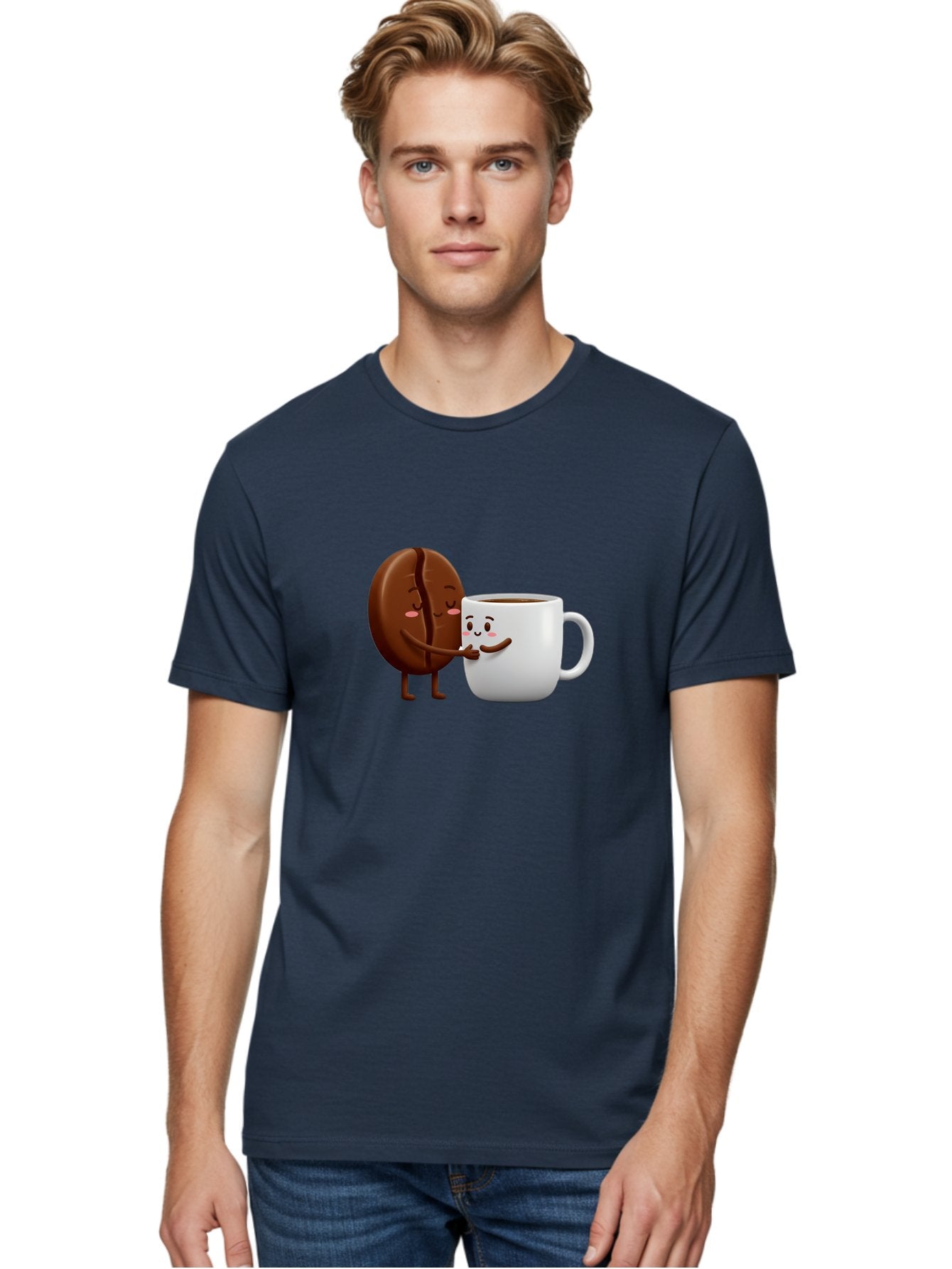 Coffee-Kissing Men'S Graphic Tee, 100% Cotton, Comfortable Casual Summer Wear, Machine Washable, Cartoon Cookie, Coffee Mug, Anthropomorphic Characters, Smiling Faces, Friendly Interaction, Chocolate Cookie, Coffee Drink, Bab802 24