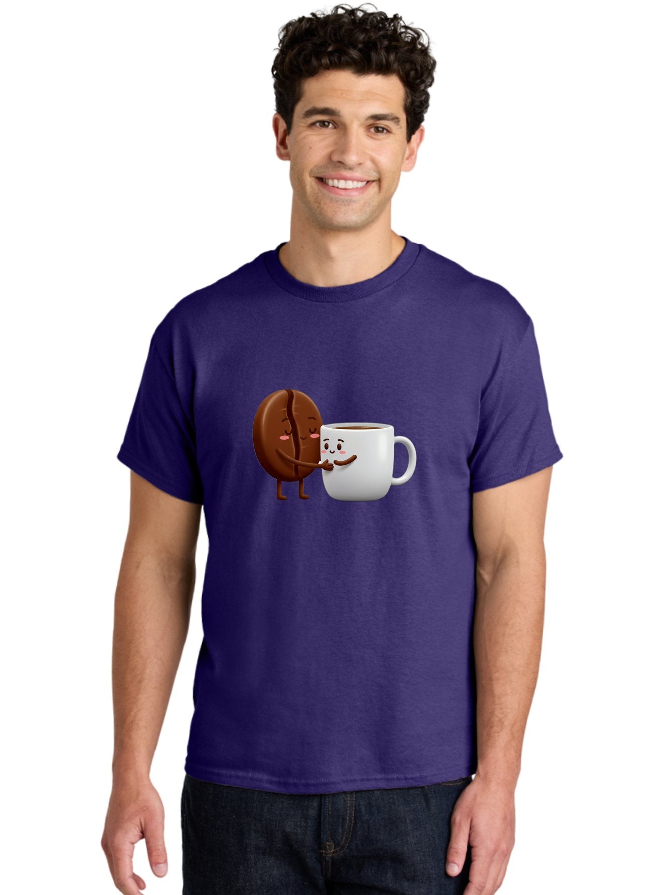 Coffee-Kissing Men'S Graphic Tee, 100% Cotton, Comfortable Casual Summer Wear, Machine Washable, Cartoon Cookie, Coffee Mug, Anthropomorphic Characters, Smiling Faces, Friendly Interaction, Chocolate Cookie, Coffee Drink, Bab802 25