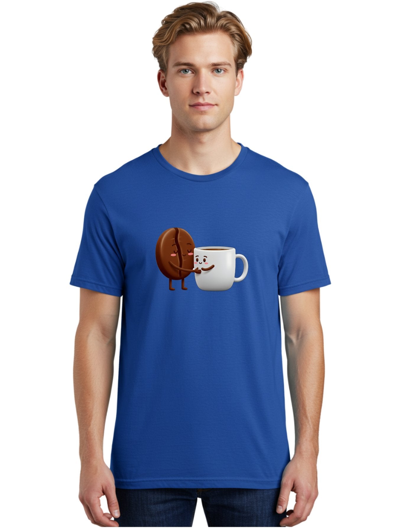 Coffee-Kissing Men'S Graphic Tee, 100% Cotton, Comfortable Casual Summer Wear, Machine Washable, Cartoon Cookie, Coffee Mug, Anthropomorphic Characters, Smiling Faces, Friendly Interaction, Chocolate Cookie, Coffee Drink, Bab802 22