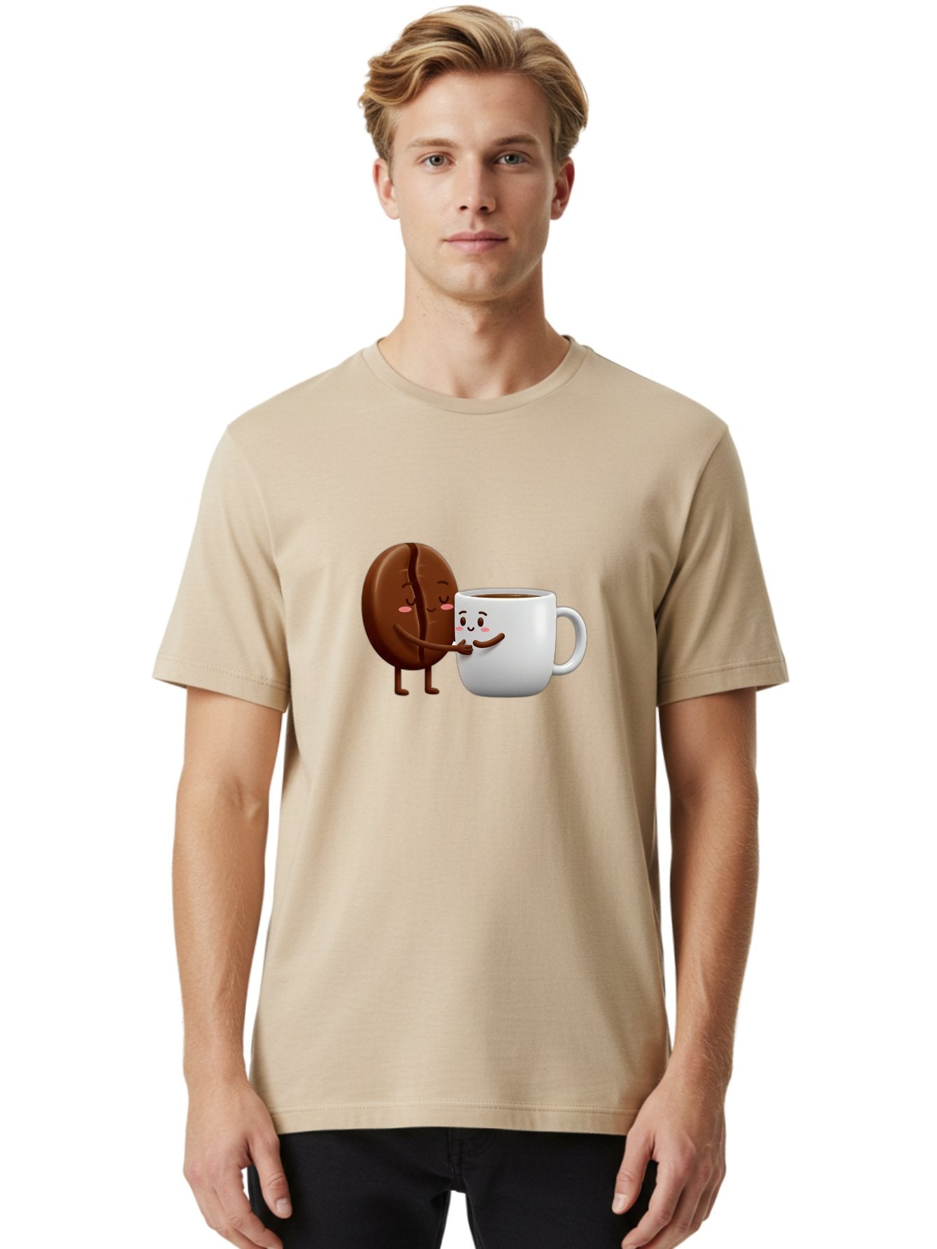 Coffee-Kissing Men'S Graphic Tee, 100% Cotton, Comfortable Casual Summer Wear, Machine Washable, Cartoon Cookie, Coffee Mug, Anthropomorphic Characters, Smiling Faces, Friendly Interaction, Chocolate Cookie, Coffee Drink, Bab802 20