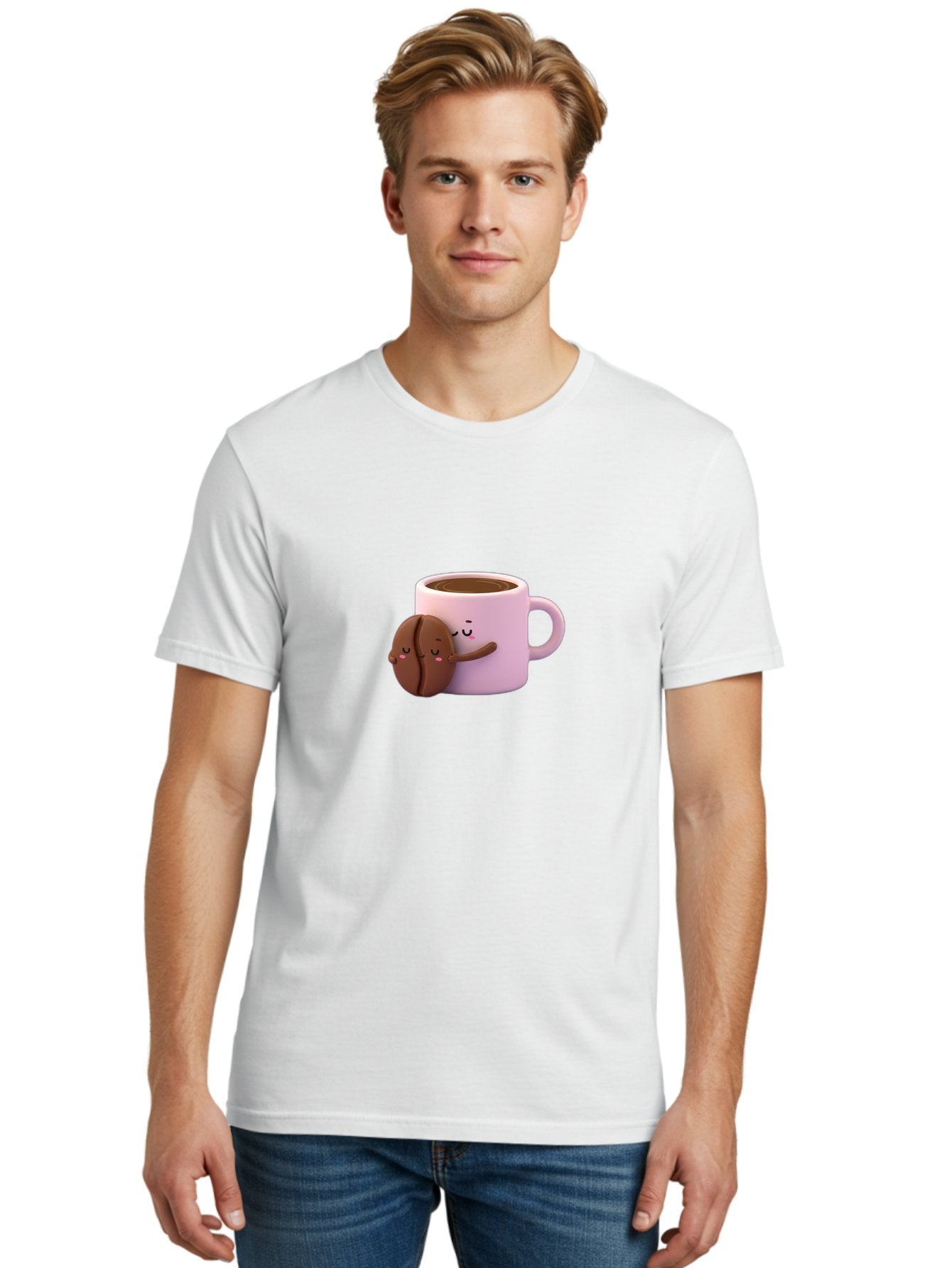 Coffee-Mug-Hugging-Cookie Men'S Graphic Tee, 100% Cotton, Comfortable Casual Summer Wear, Machine Washable, Cartoon Coffee Mug, Chocolate Chip Cookie, Kawaii Characters, Adorable Hugs, Happy Faces, Coffee Break, Sweet Treats, Yummy Goodies Bab803 21