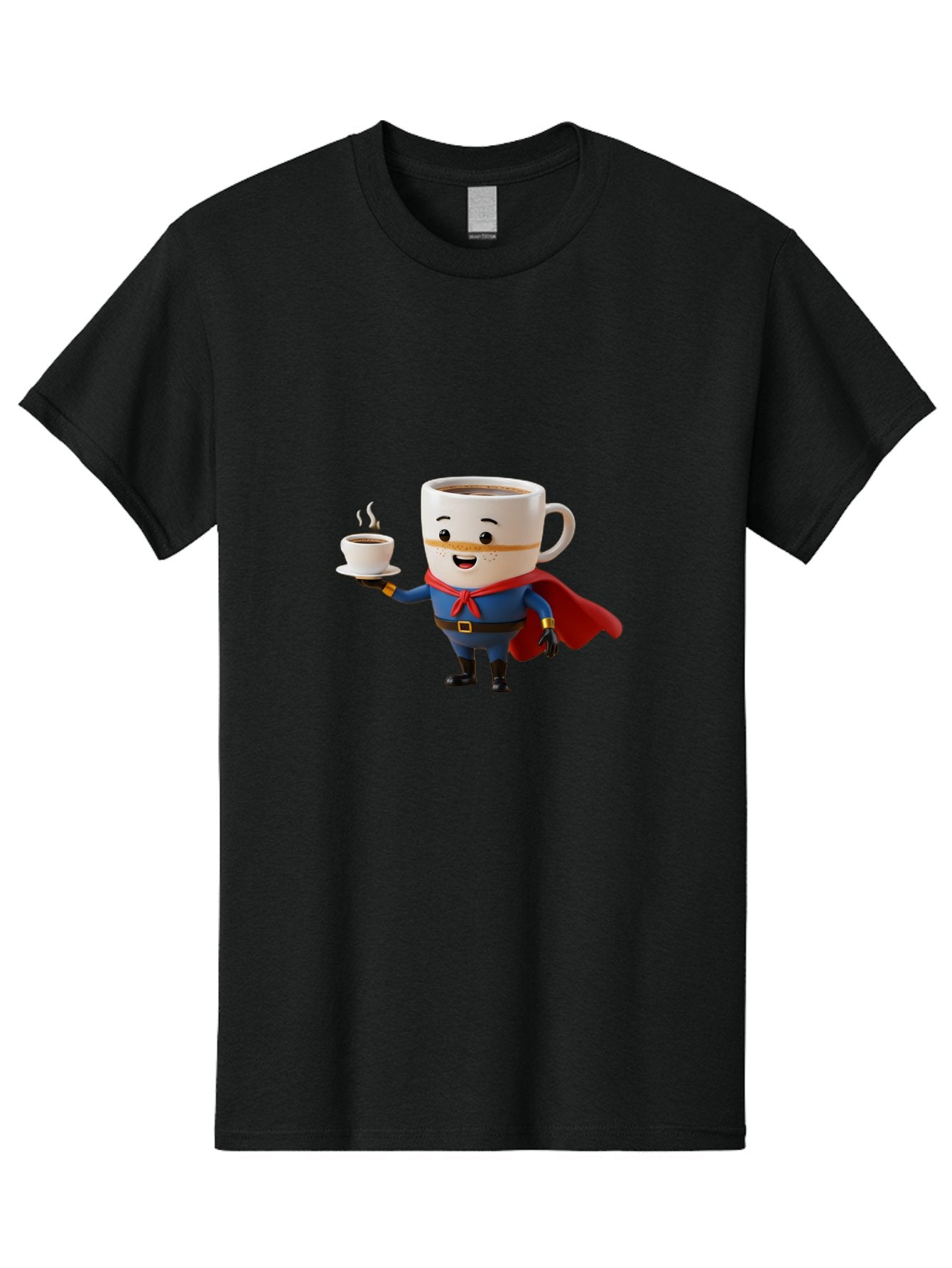 Coffee-Mug-Superhero Men'S Graphic Tee, 100% Cotton, Comfortable Casual Summer Wear, Machine Washable, Cartoon Coffee Mug, Superhero Outfit, Coffee Cup, Steaming Hot Coffee, Red Cape, Blue Uniform, Gold Accents, Quirky Character, Humor, Bab804 4