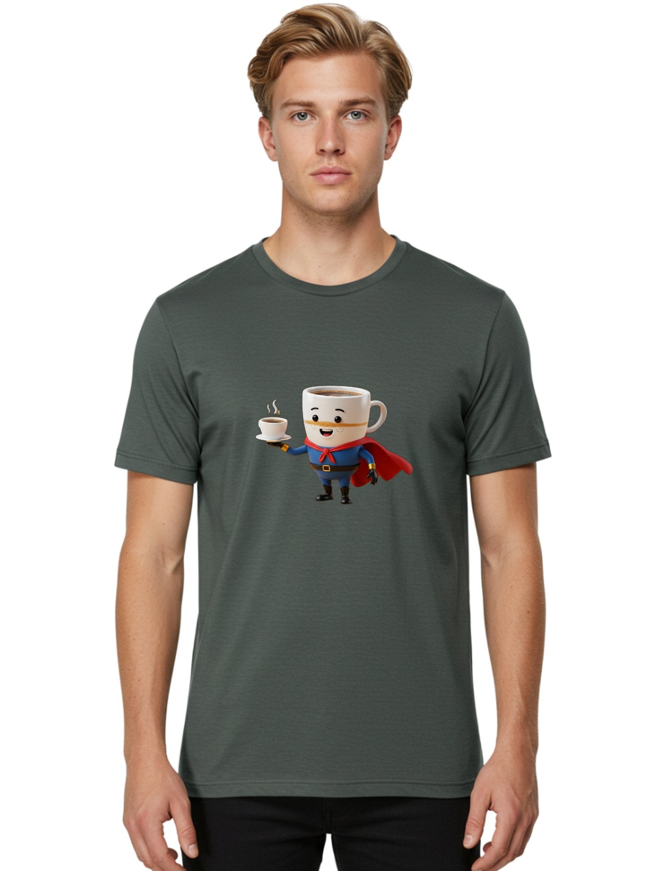 Coffee-Mug-Superhero Men'S Graphic Tee, 100% Cotton, Comfortable Casual Summer Wear, Machine Washable, Cartoon Coffee Mug, Superhero Outfit, Coffee Cup, Steaming Hot Coffee, Red Cape, Blue Uniform, Gold Accents, Quirky Character, Humor, Bab804 21