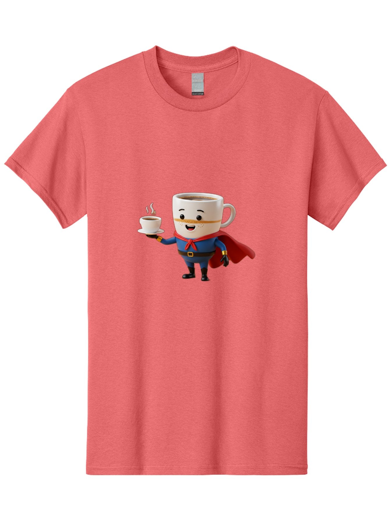 Coffee-Mug-Superhero Men'S Graphic Tee, 100% Cotton, Comfortable Casual Summer Wear, Machine Washable, Cartoon Coffee Mug, Superhero Outfit, Coffee Cup, Steaming Hot Coffee, Red Cape, Blue Uniform, Gold Accents, Quirky Character, Humor, Bab804 5